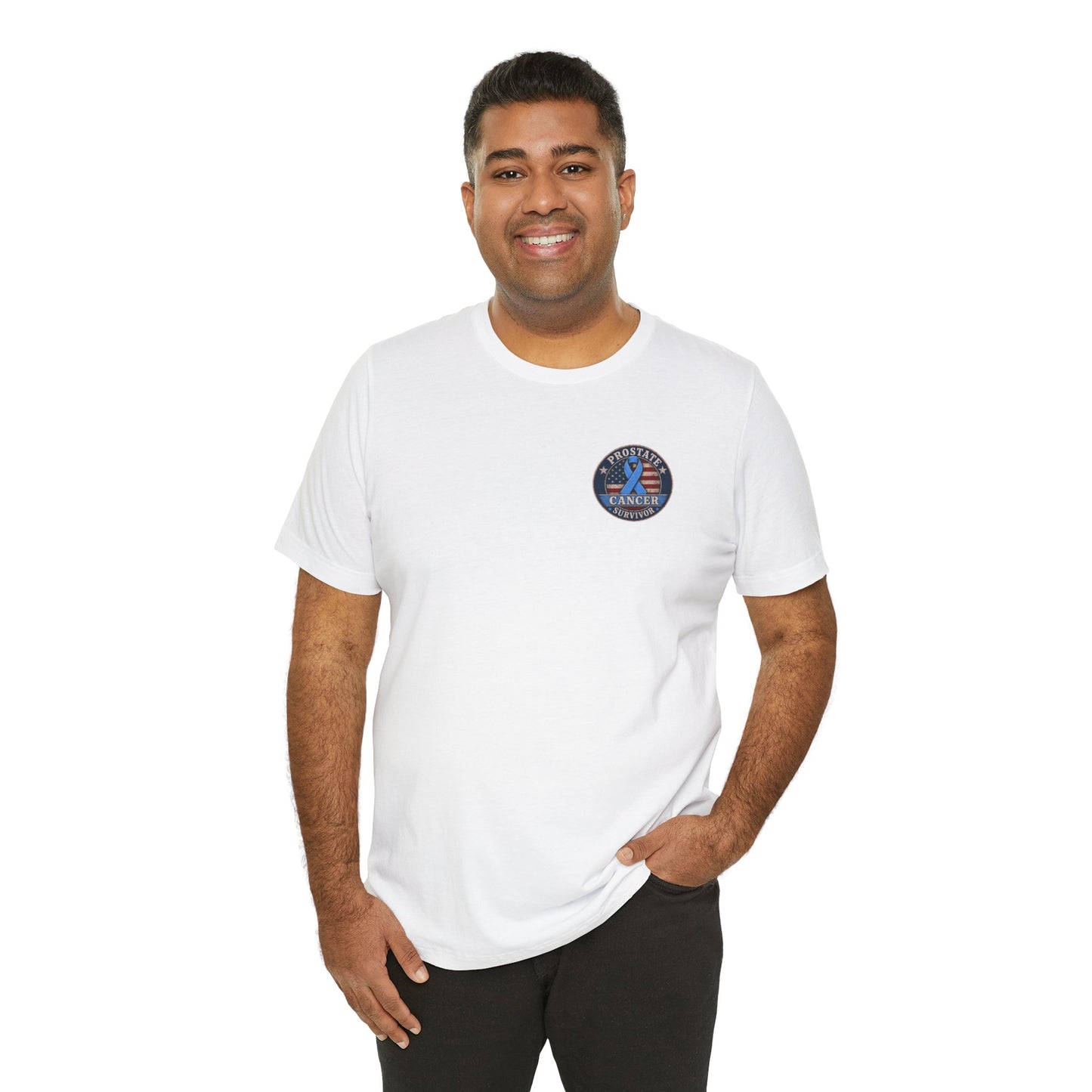 T-Shirt — American Cancer Support Ribbon Chest Patch, Prostate Cancer Survivor