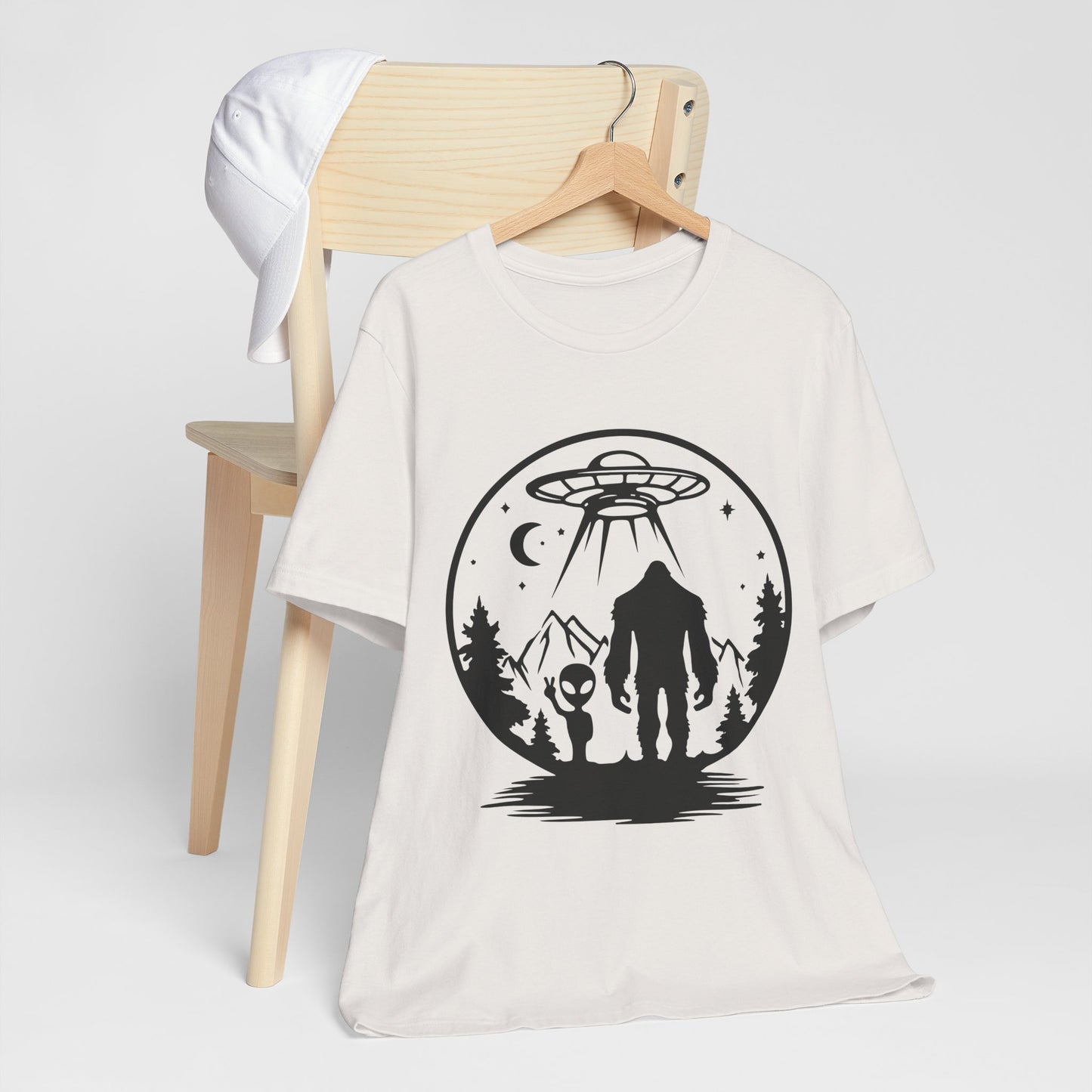 Mystical Bigfoot & Alien Tee - Unisex Jersey Shirt for Adventure Lovers, Nature T-Shirt, Gift for UFO Enthusiasts, Outdoorsy Style
