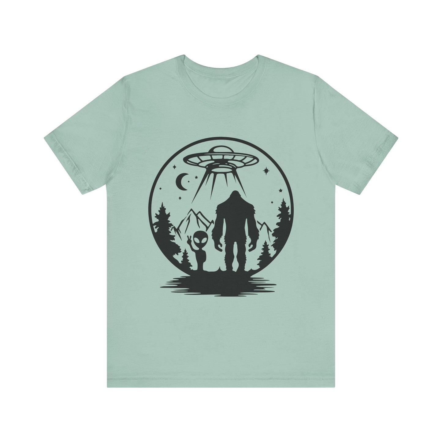 Mystical Bigfoot & Alien Tee - Unisex Jersey Shirt for Adventure Lovers, Nature T-Shirt, Gift for UFO Enthusiasts, Outdoorsy Style