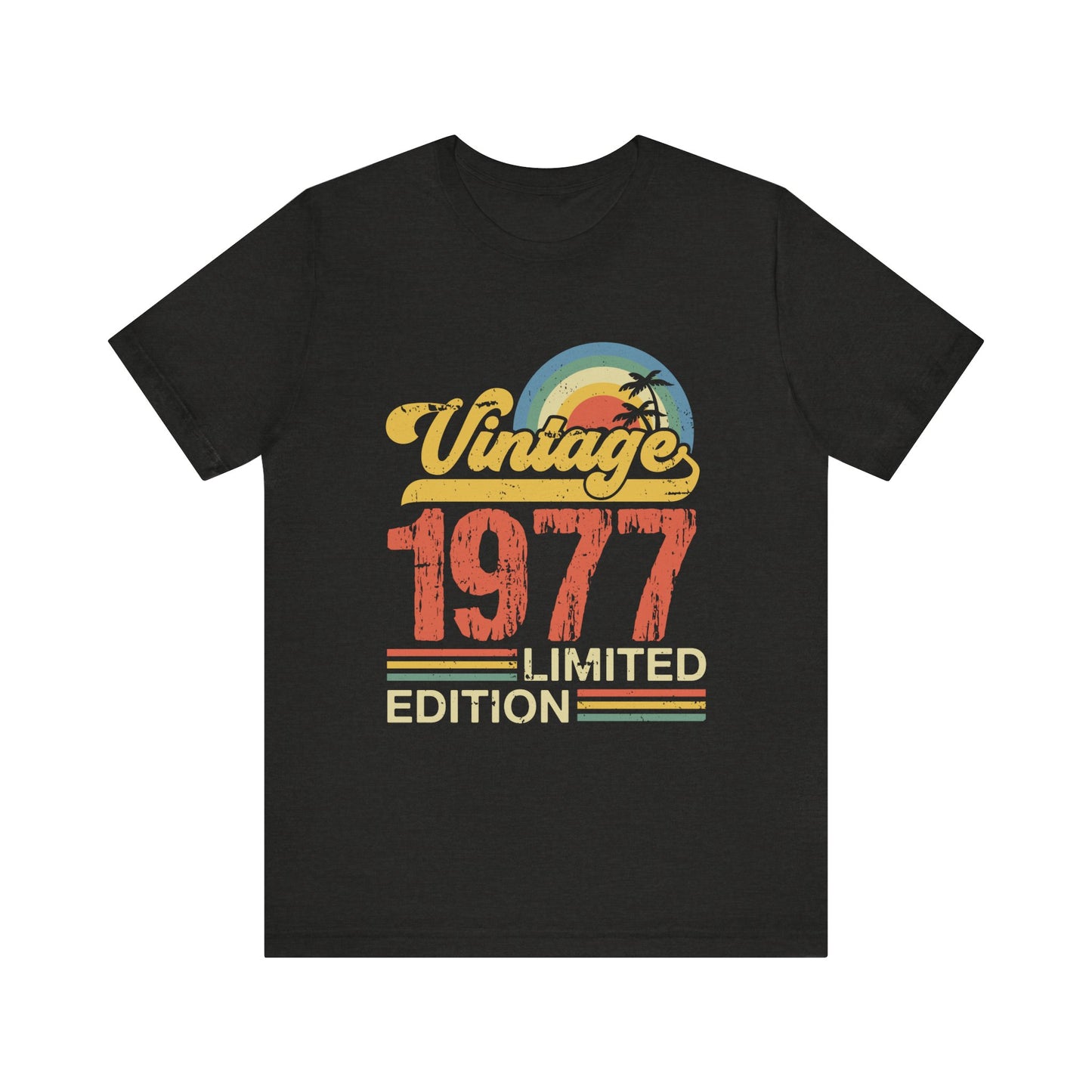 Black t-shirt with 'Vintage 1977 Limited Edition' design on a white background