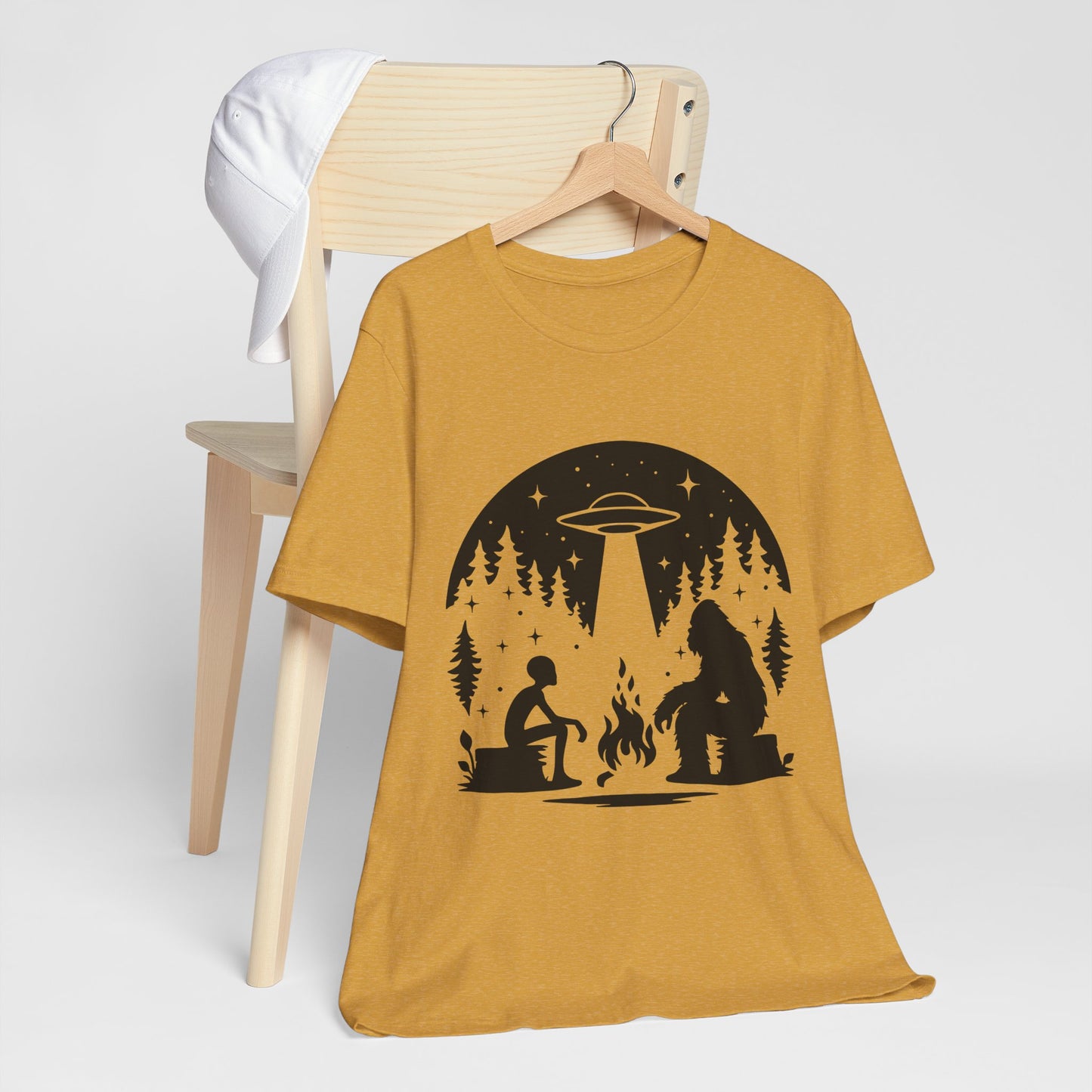 Camping Alien & Bigfoot Unisex Tee, Fun Outdoor Adventure Shirt, Gift for Nature Lovers, Unique Graphic T-Shirt, Summer Camp Outfit