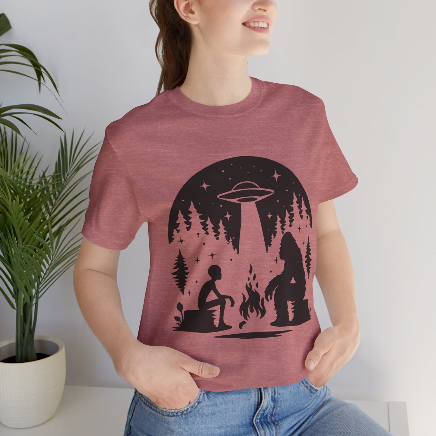 Camping Alien & Bigfoot Unisex Tee, Fun Outdoor Adventure Shirt, Gift for Nature Lovers, Unique Graphic T-Shirt, Summer Camp Outfit