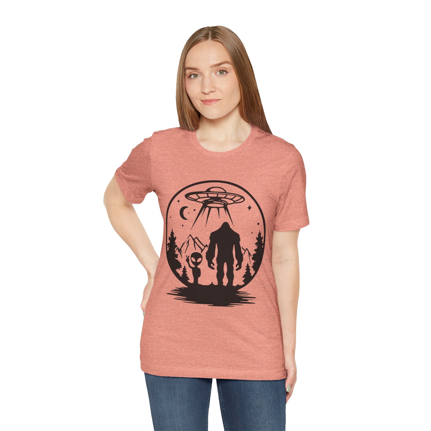 Mystical Bigfoot & Alien Tee - Unisex Jersey Shirt for Adventure Lovers, Nature T-Shirt, Gift for UFO Enthusiasts, Outdoorsy Style