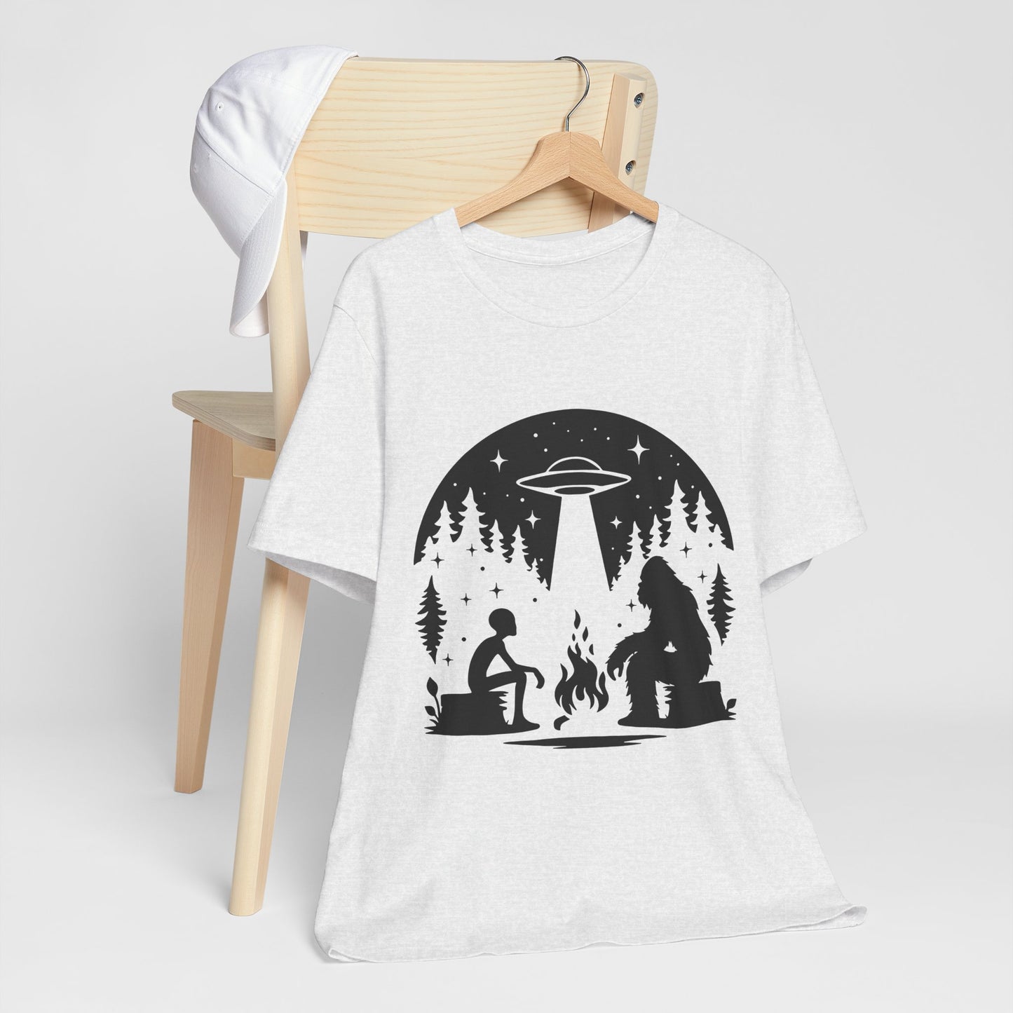 Camping Alien & Bigfoot Unisex Tee, Fun Outdoor Adventure Shirt, Gift for Nature Lovers, Unique Graphic T-Shirt, Summer Camp Outfit