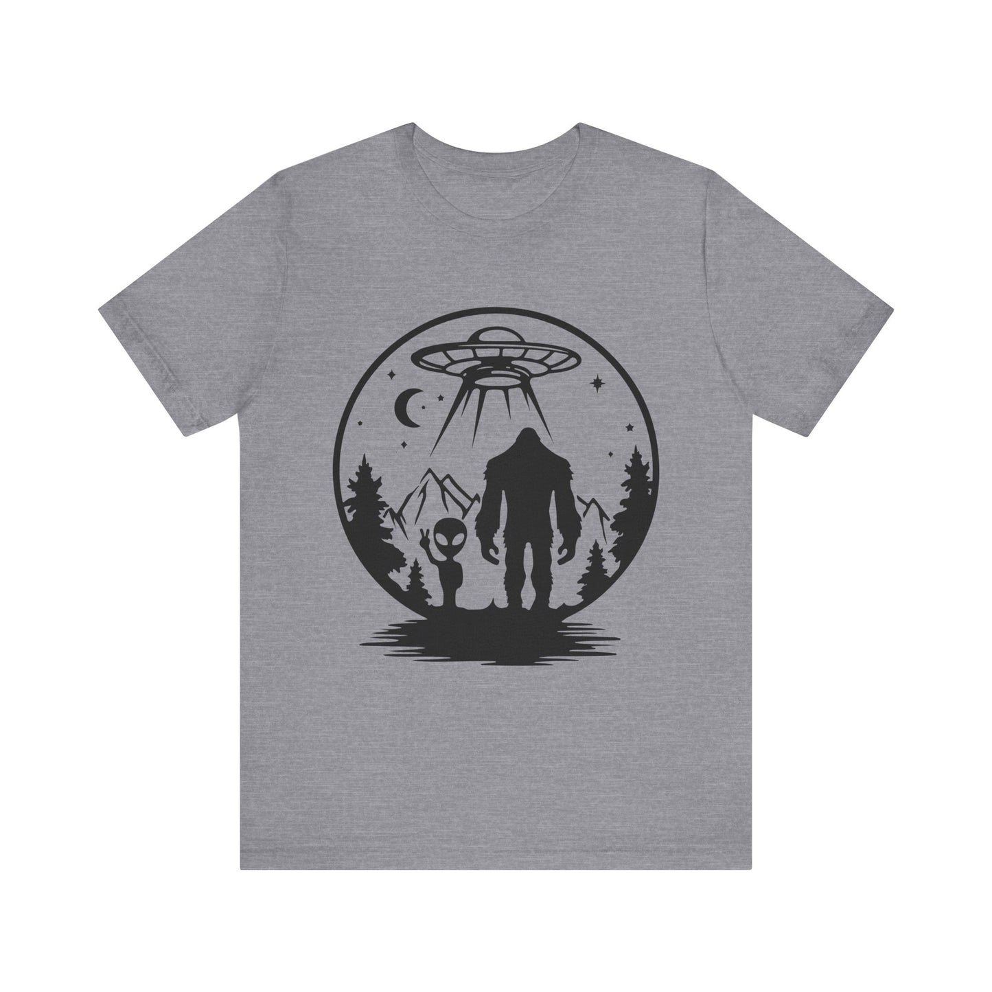 Mystical Bigfoot & Alien Tee - Unisex Jersey Shirt for Adventure Lovers, Nature T-Shirt, Gift for UFO Enthusiasts, Outdoorsy Style