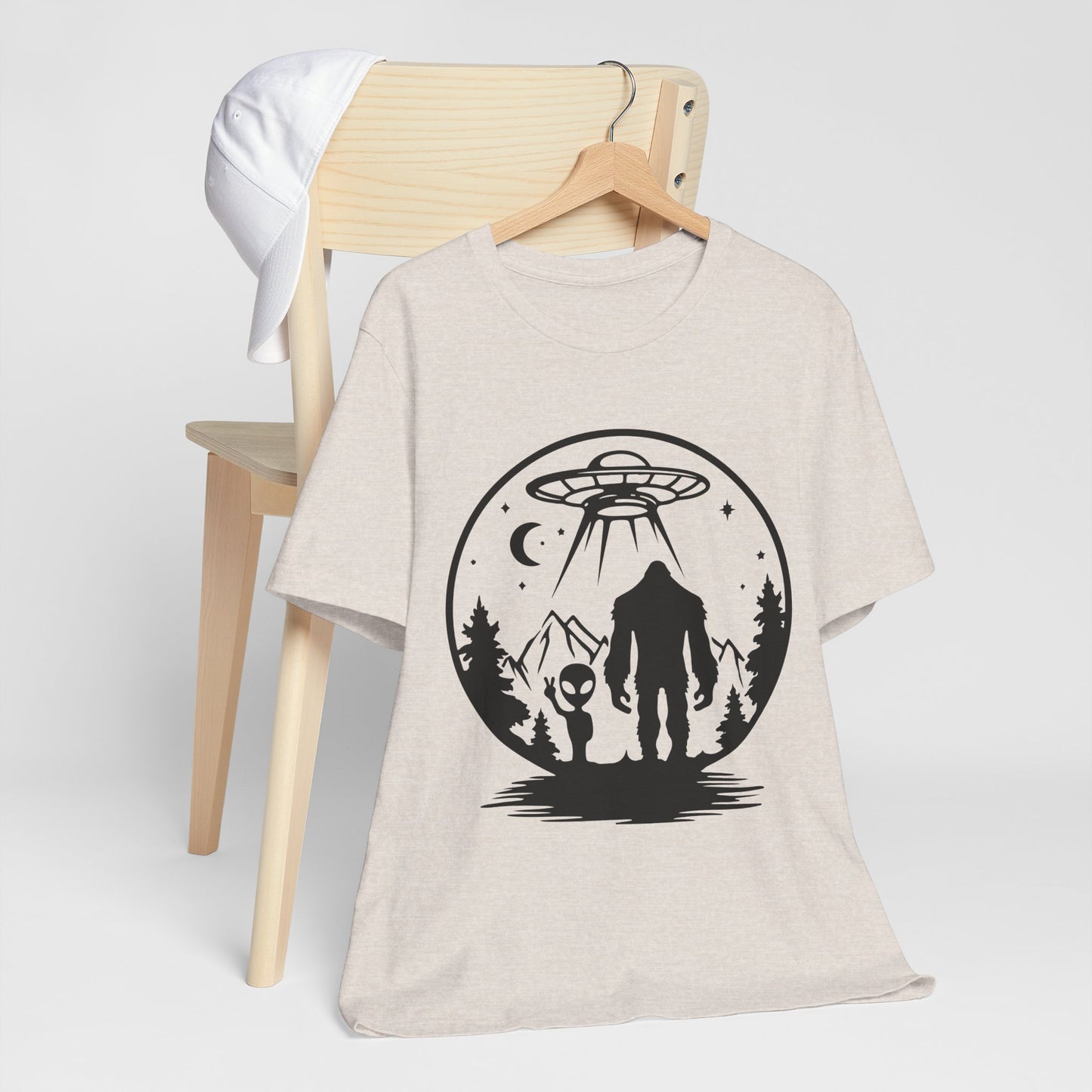 Mystical Bigfoot & Alien Tee - Unisex Jersey Shirt for Adventure Lovers, Nature T-Shirt, Gift for UFO Enthusiasts, Outdoorsy Style