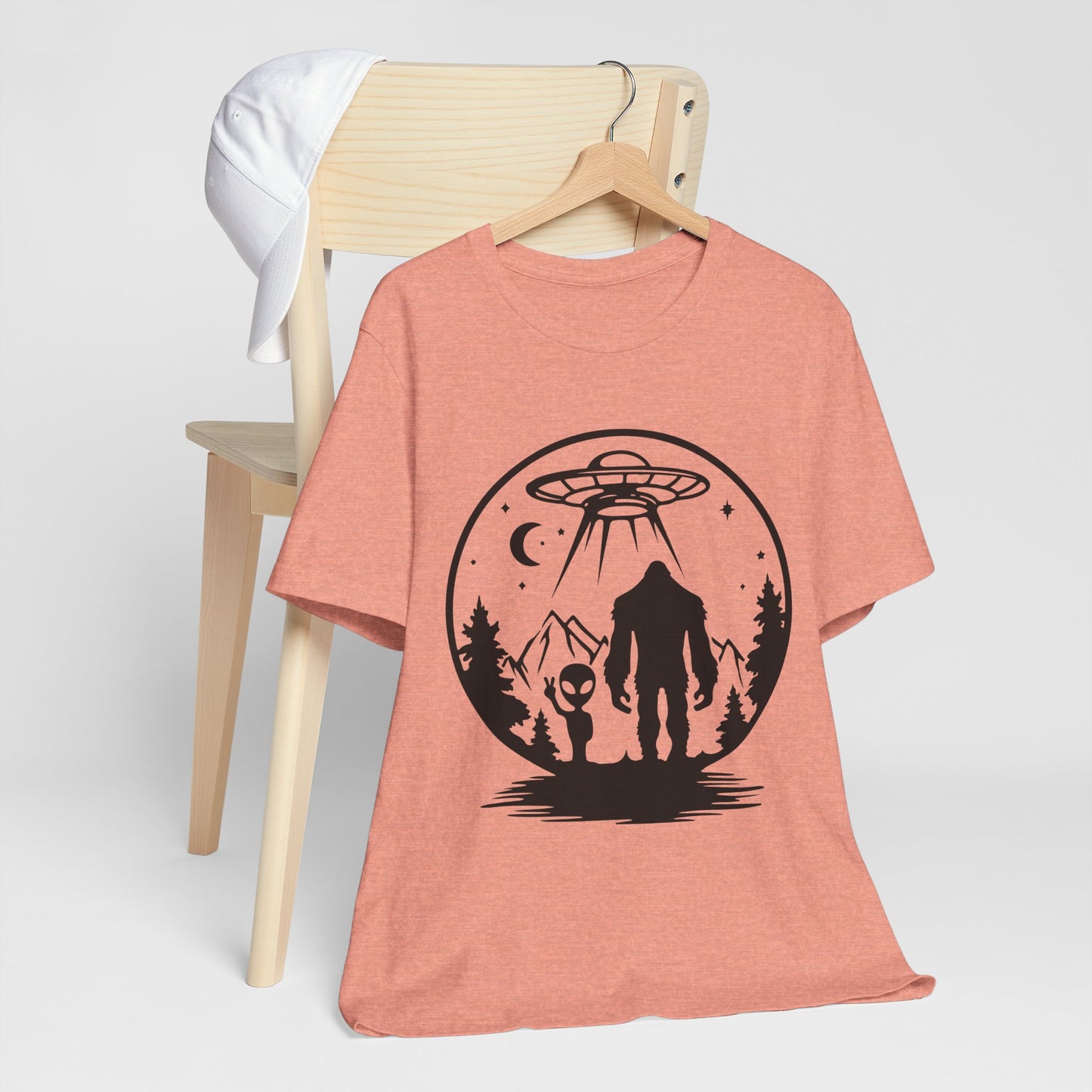 Mystical Bigfoot & Alien Tee - Unisex Jersey Shirt for Adventure Lovers, Nature T-Shirt, Gift for UFO Enthusiasts, Outdoorsy Style