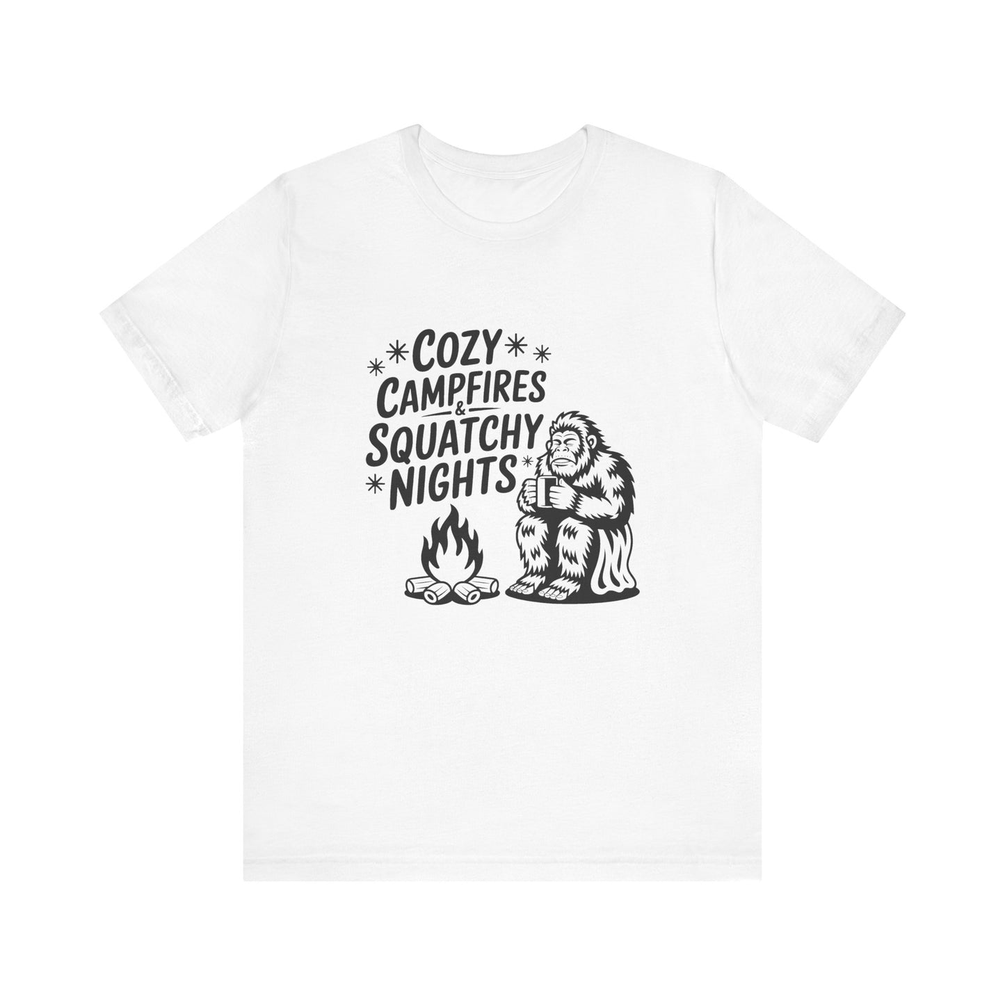 Cozy Campfires Squatchy Nights T-Shirt, Unisex Tee for Campers, Outdoor Adventures, Gifts for Nature Lovers, Summer BBQs, Funny Camping Tee