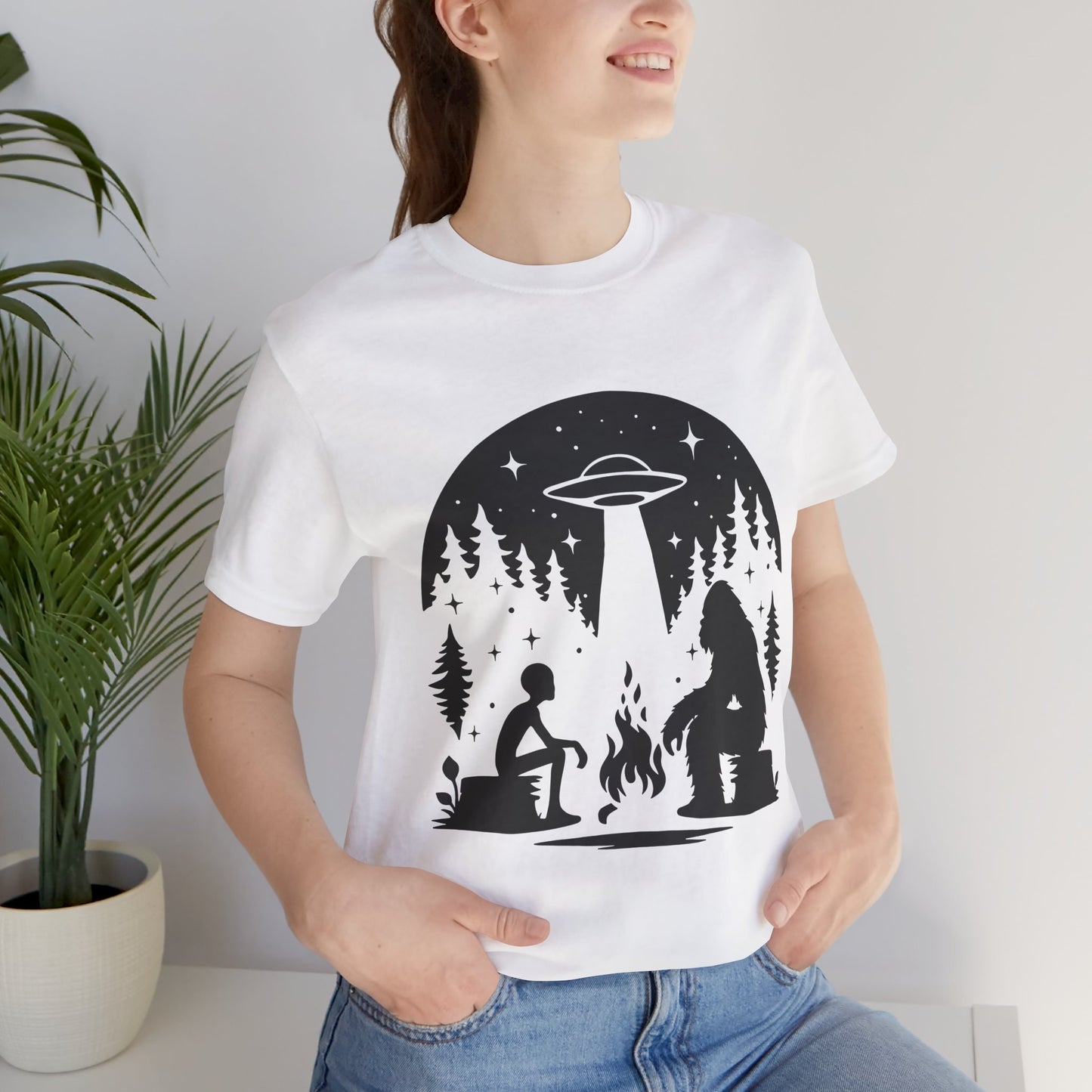 Camping Alien & Bigfoot Unisex Tee, Fun Outdoor Adventure Shirt, Gift for Nature Lovers, Unique Graphic T-Shirt, Summer Camp Outfit