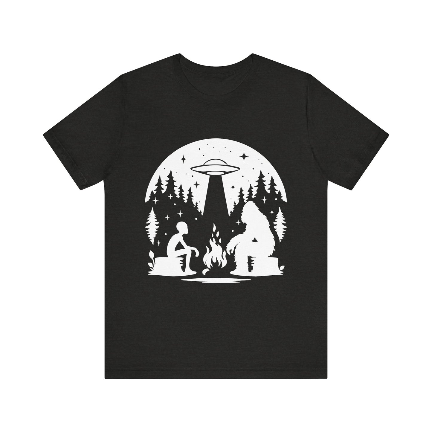 Camping Alien & Bigfoot Unisex Tee, Fun Outdoor Adventure Shirt, Gift for Nature Lovers, Unique Graphic T-Shirt, Summer Camp Outfit