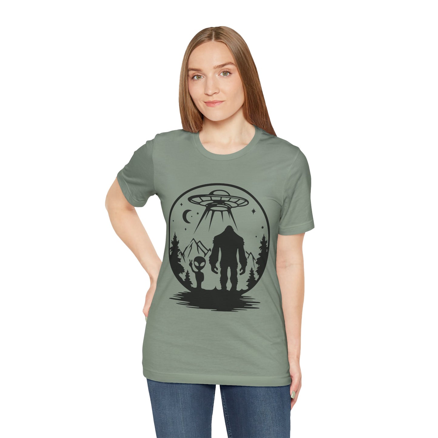 Mystical Bigfoot & Alien Tee - Unisex Jersey Shirt for Adventure Lovers, Nature T-Shirt, Gift for UFO Enthusiasts, Outdoorsy Style