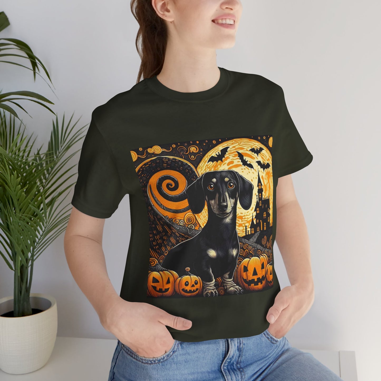 Halloween Dachshund Graphic Tee, Spooky Dog Shirt, Fall T-Shirt, Cute Pet Lover Gift, Unisex Halloween Apparel, Pumpkin Halloween Top