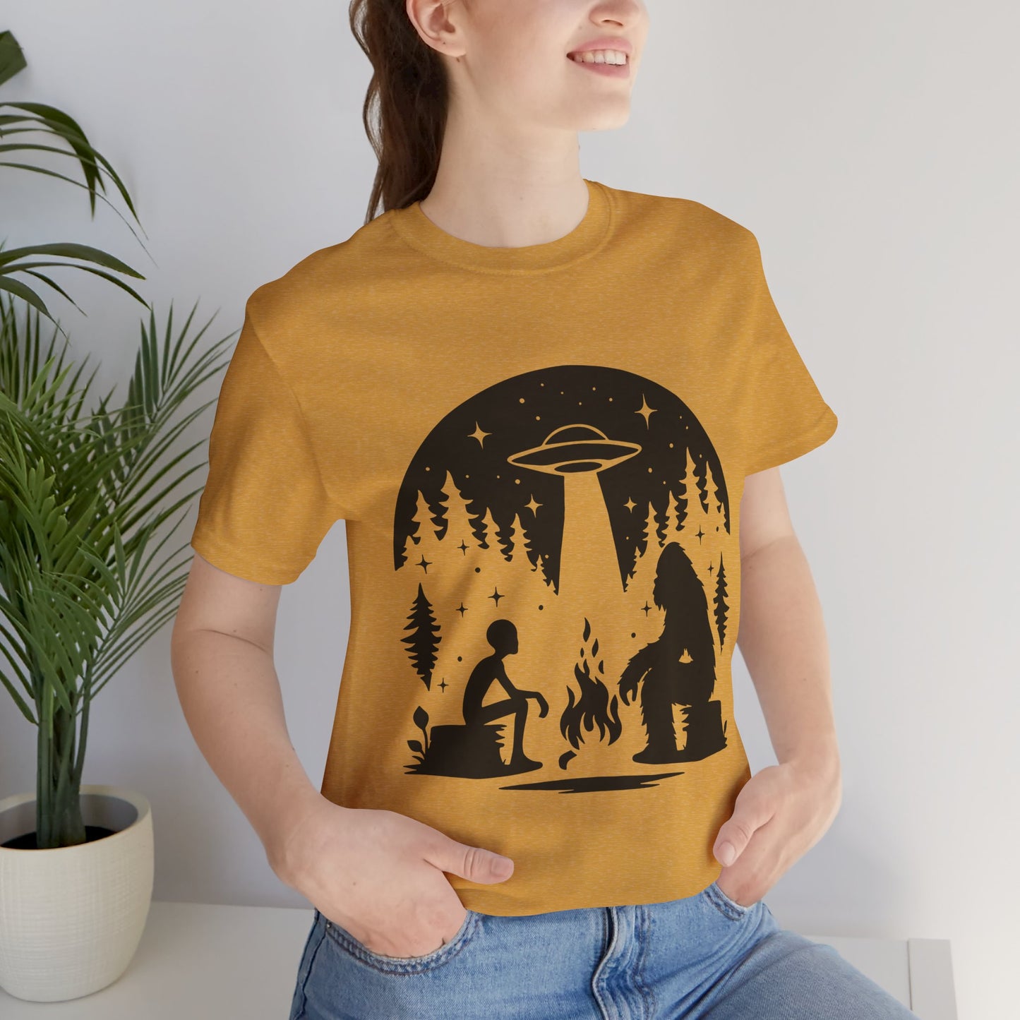 Camping Alien & Bigfoot Unisex Tee, Fun Outdoor Adventure Shirt, Gift for Nature Lovers, Unique Graphic T-Shirt, Summer Camp Outfit