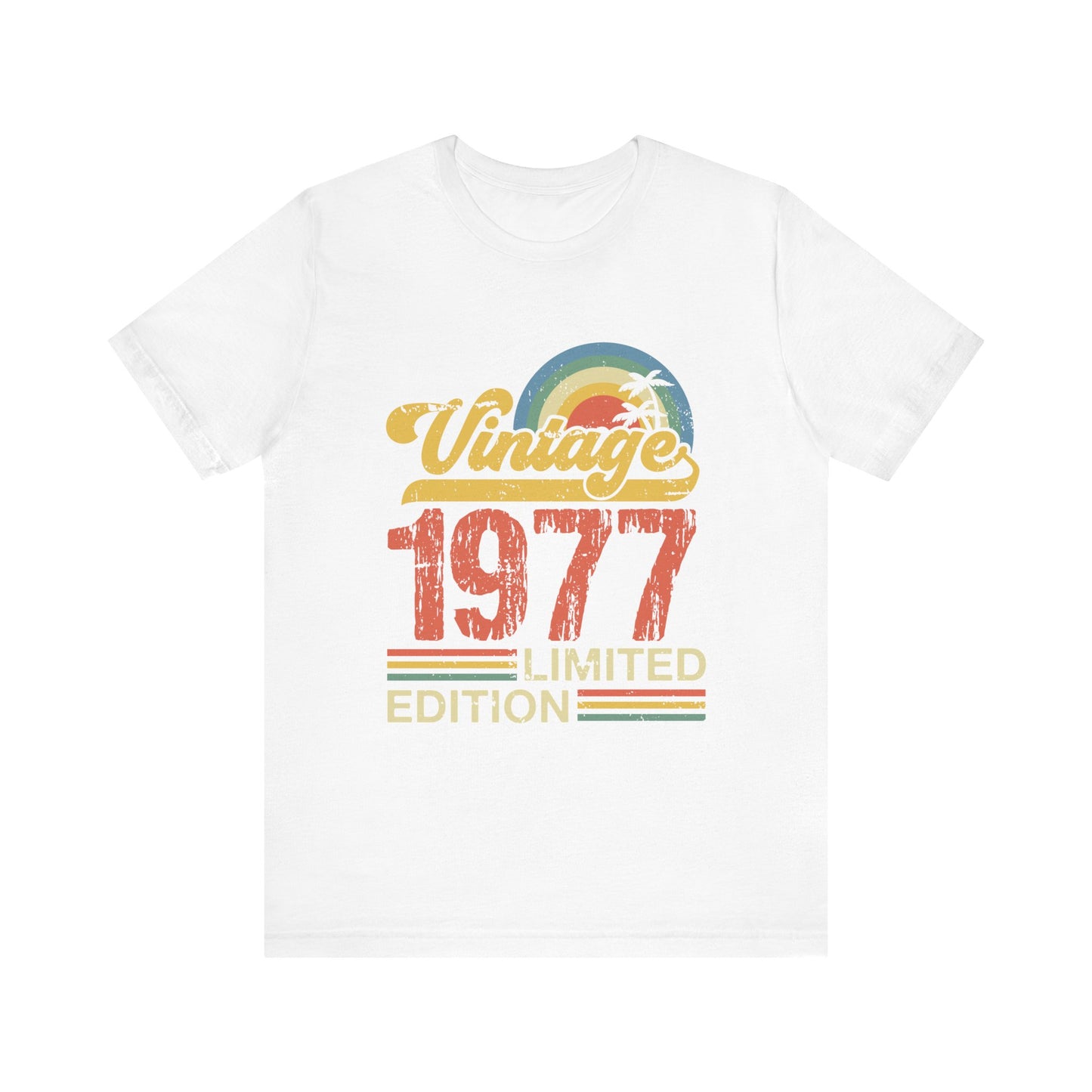 White t-shirt with 'Vintage 1977 Limited Edition' design on a white background
