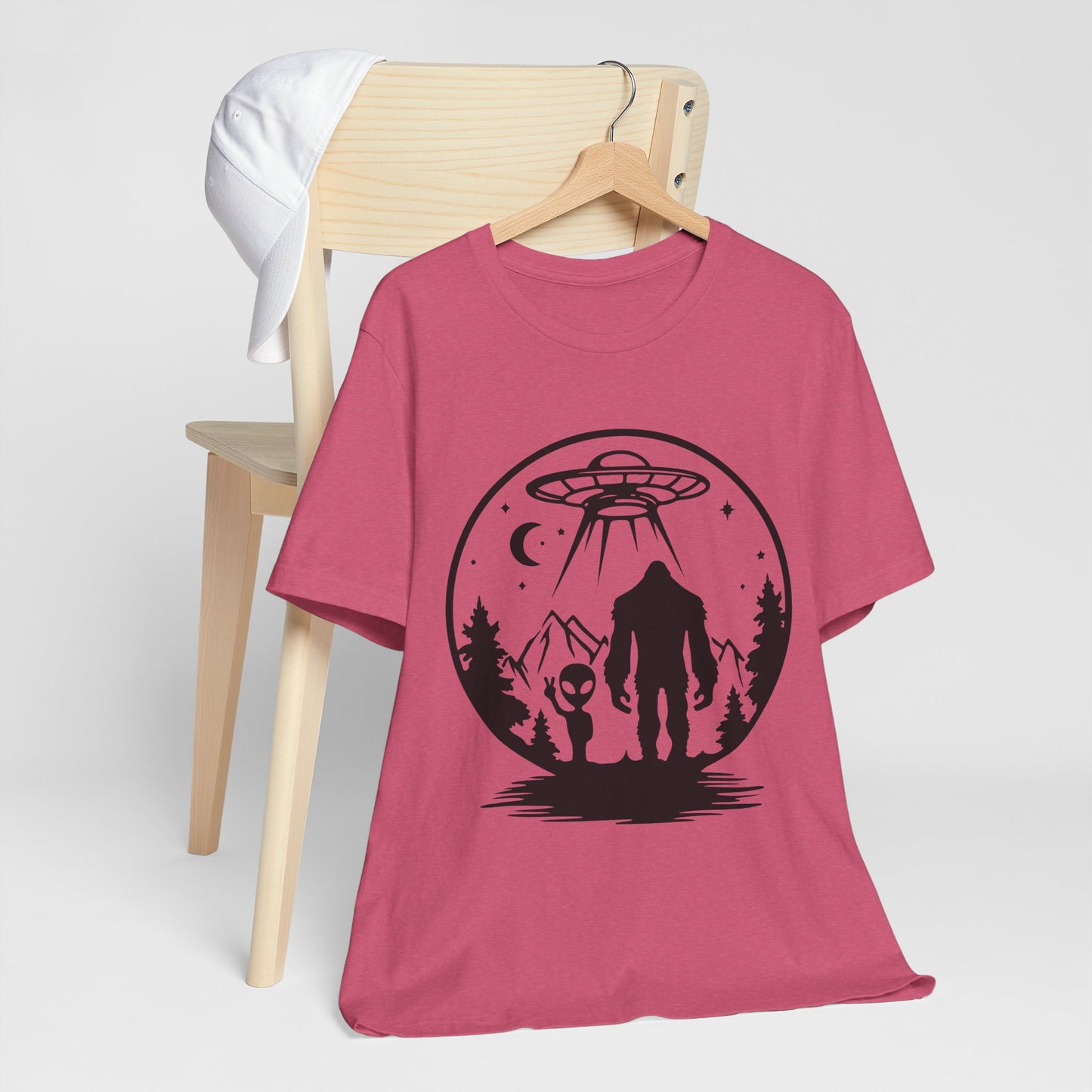 Mystical Bigfoot & Alien Tee - Unisex Jersey Shirt for Adventure Lovers, Nature T-Shirt, Gift for UFO Enthusiasts, Outdoorsy Style
