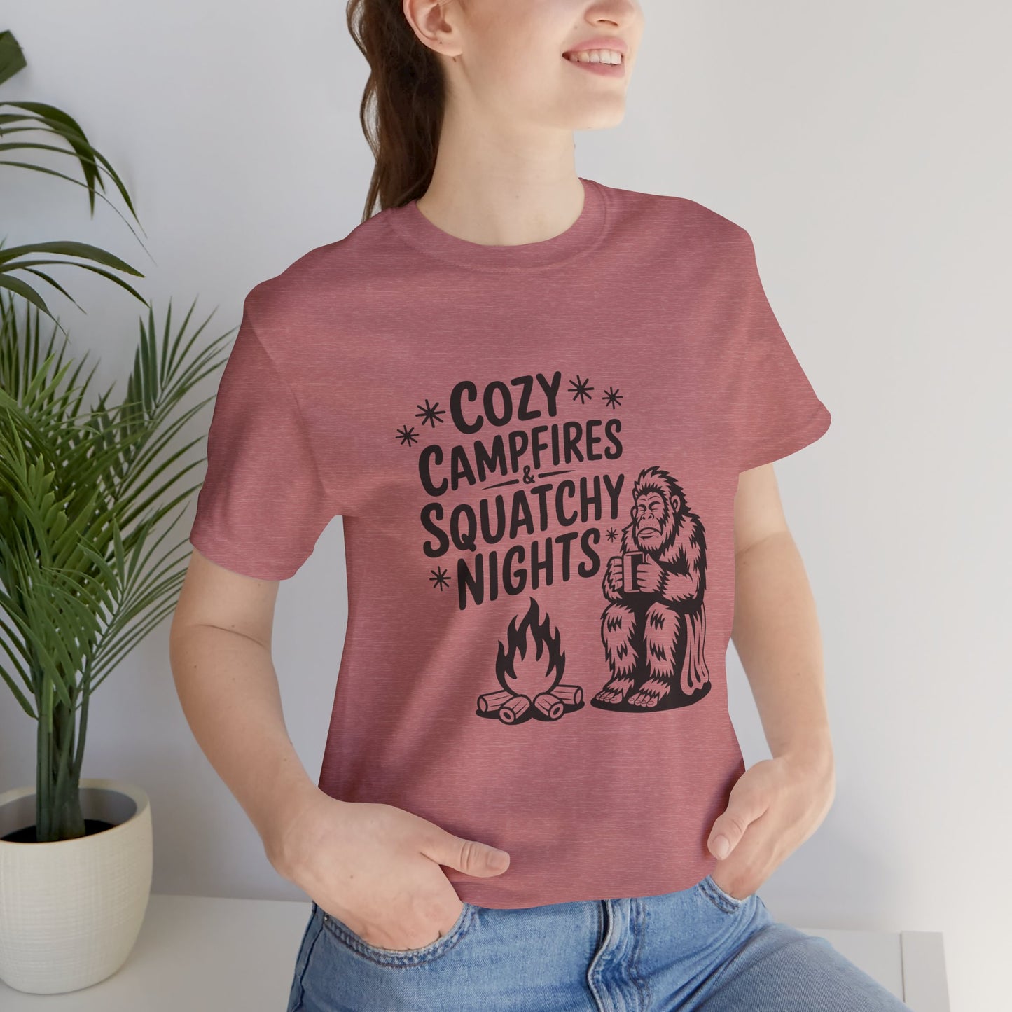 Cozy Campfires Squatchy Nights T-Shirt, Unisex Tee for Campers, Outdoor Adventures, Gifts for Nature Lovers, Summer BBQs, Funny Camping Tee