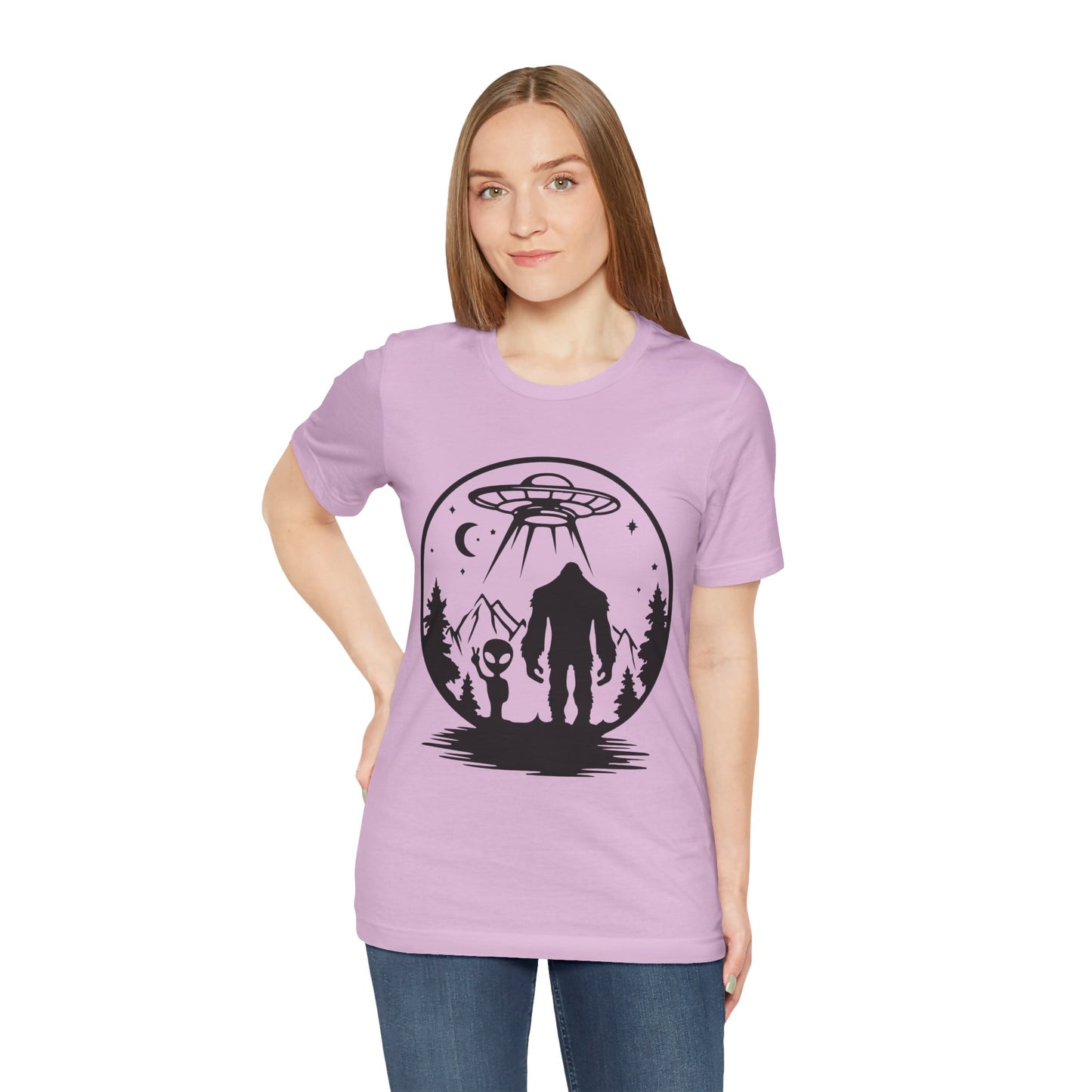 Mystical Bigfoot & Alien Tee - Unisex Jersey Shirt for Adventure Lovers, Nature T-Shirt, Gift for UFO Enthusiasts, Outdoorsy Style