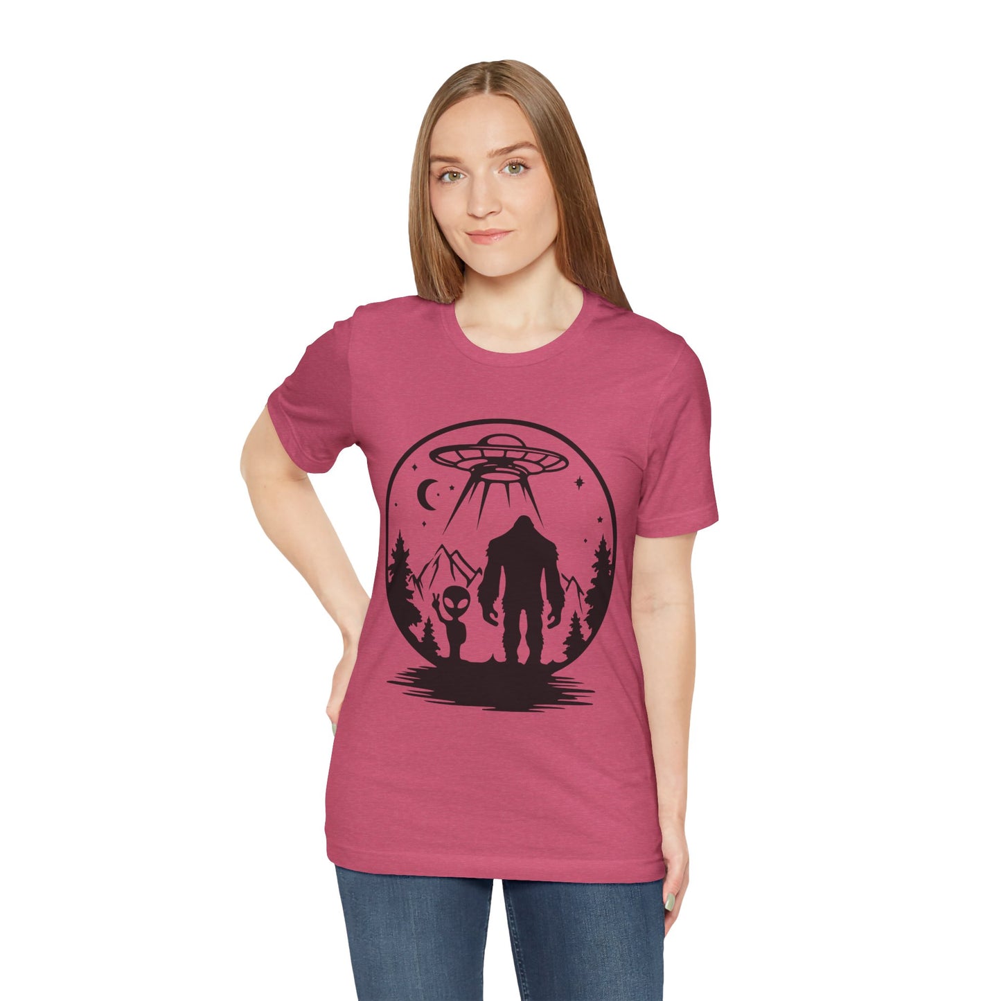 Mystical Bigfoot & Alien Tee - Unisex Jersey Shirt for Adventure Lovers, Nature T-Shirt, Gift for UFO Enthusiasts, Outdoorsy Style