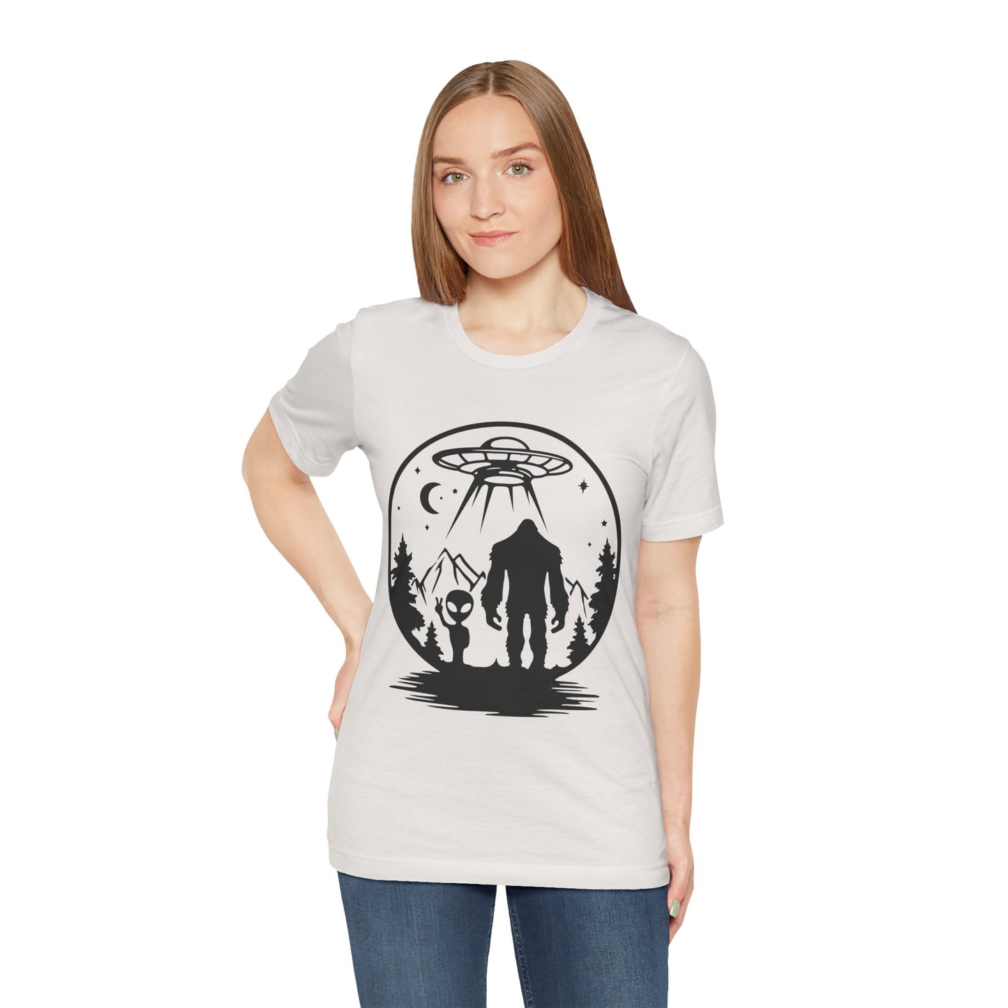 Mystical Bigfoot & Alien Tee - Unisex Jersey Shirt for Adventure Lovers, Nature T-Shirt, Gift for UFO Enthusiasts, Outdoorsy Style