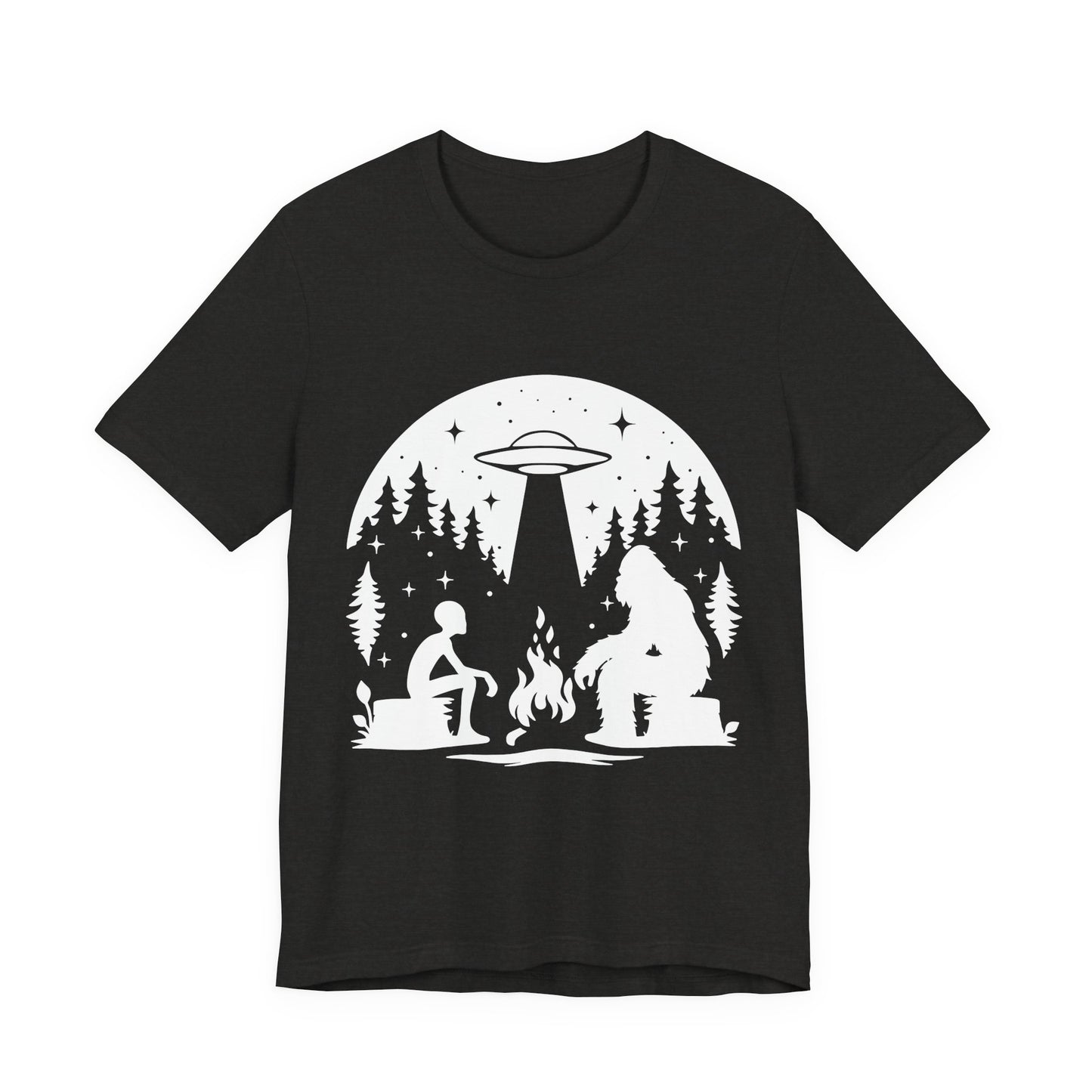 Camping Alien & Bigfoot Unisex Tee, Fun Outdoor Adventure Shirt, Gift for Nature Lovers, Unique Graphic T-Shirt, Summer Camp Outfit