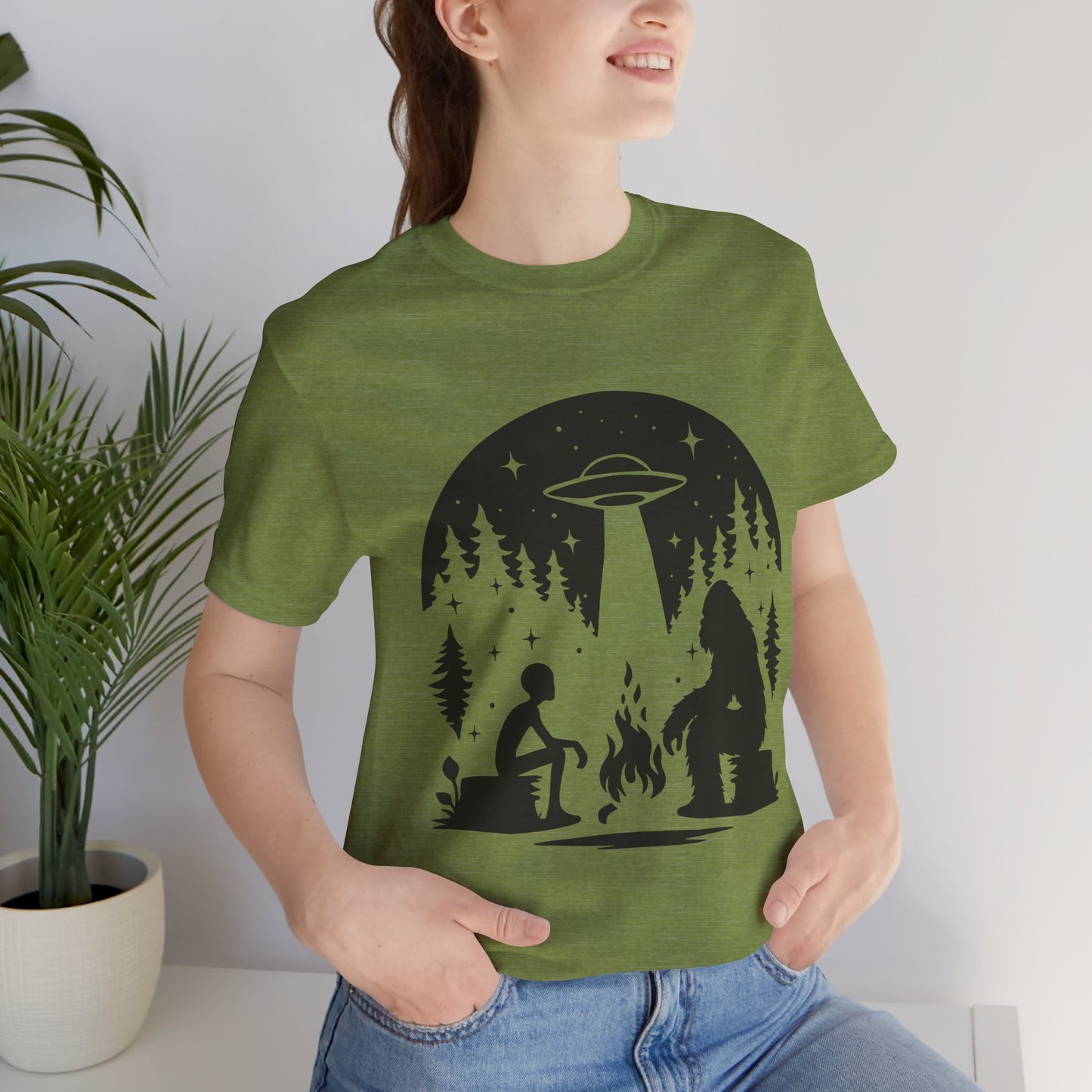 Camping Alien & Bigfoot Unisex Tee, Fun Outdoor Adventure Shirt, Gift for Nature Lovers, Unique Graphic T-Shirt, Summer Camp Outfit