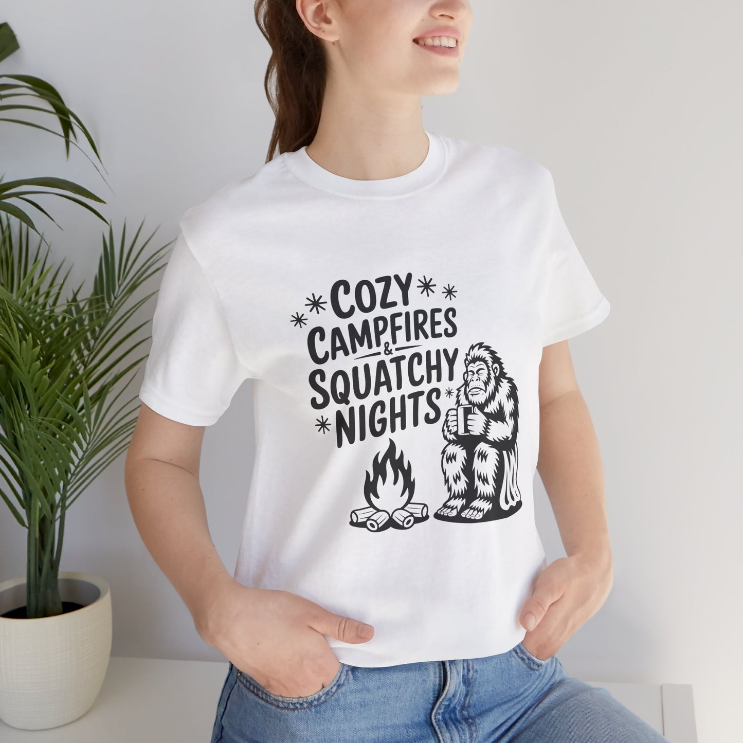 Cozy Campfires Squatchy Nights T-Shirt, Unisex Tee for Campers, Outdoor Adventures, Gifts for Nature Lovers, Summer BBQs, Funny Camping Tee