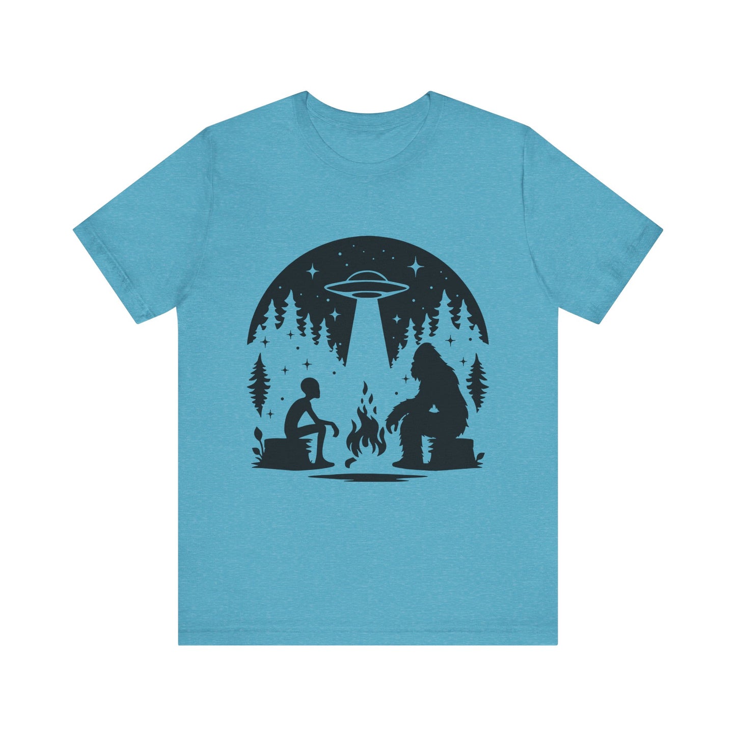 Camping Alien & Bigfoot Unisex Tee, Fun Outdoor Adventure Shirt, Gift for Nature Lovers, Unique Graphic T-Shirt, Summer Camp Outfit