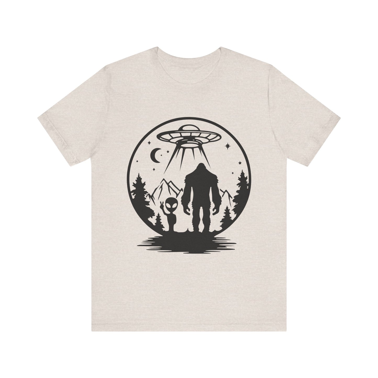 Mystical Bigfoot & Alien Tee - Unisex Jersey Shirt for Adventure Lovers, Nature T-Shirt, Gift for UFO Enthusiasts, Outdoorsy Style