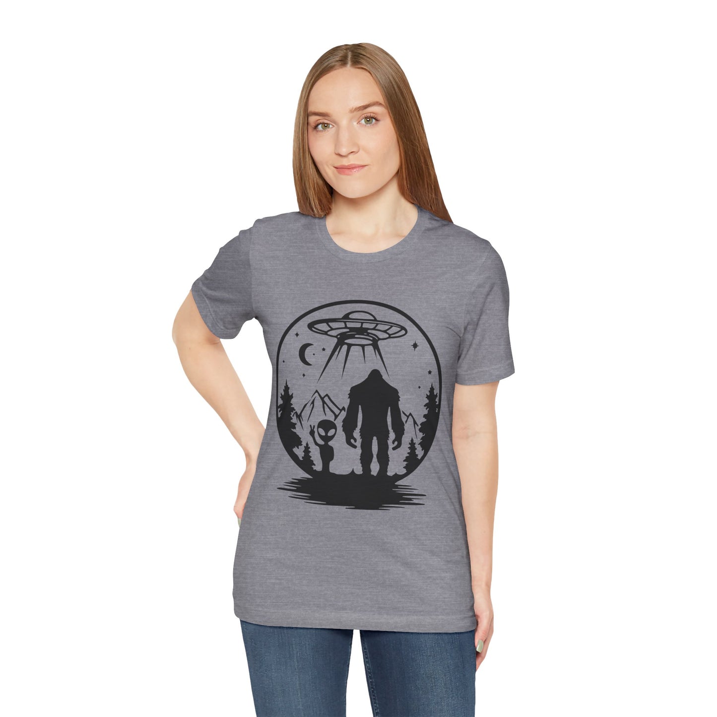 Mystical Bigfoot & Alien Tee - Unisex Jersey Shirt for Adventure Lovers, Nature T-Shirt, Gift for UFO Enthusiasts, Outdoorsy Style
