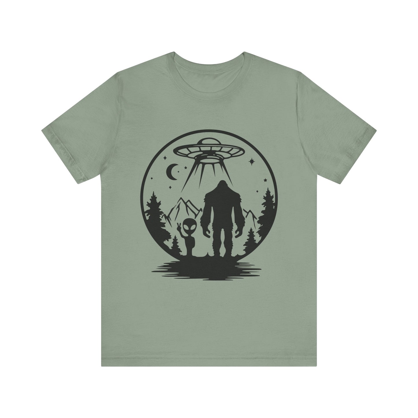 Mystical Bigfoot & Alien Tee - Unisex Jersey Shirt for Adventure Lovers, Nature T-Shirt, Gift for UFO Enthusiasts, Outdoorsy Style
