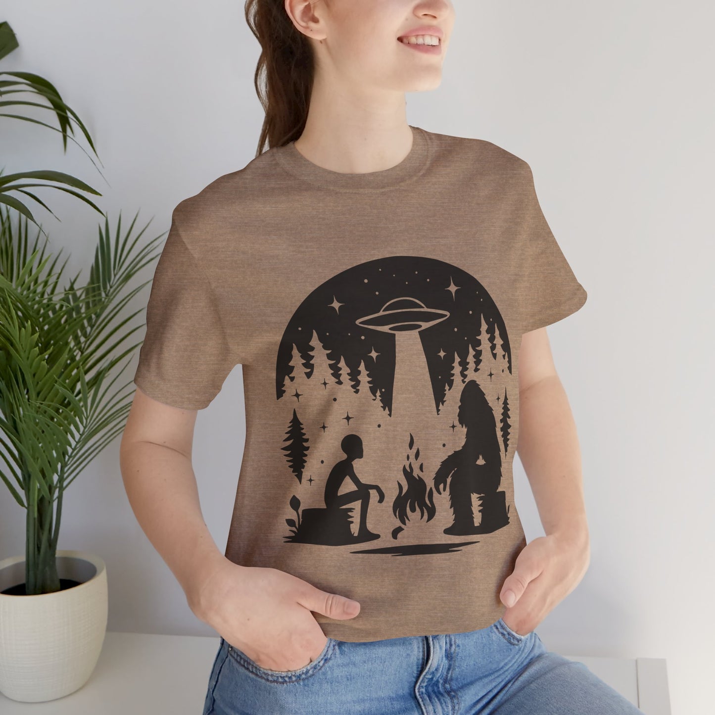 Camping Alien & Bigfoot Unisex Tee, Fun Outdoor Adventure Shirt, Gift for Nature Lovers, Unique Graphic T-Shirt, Summer Camp Outfit