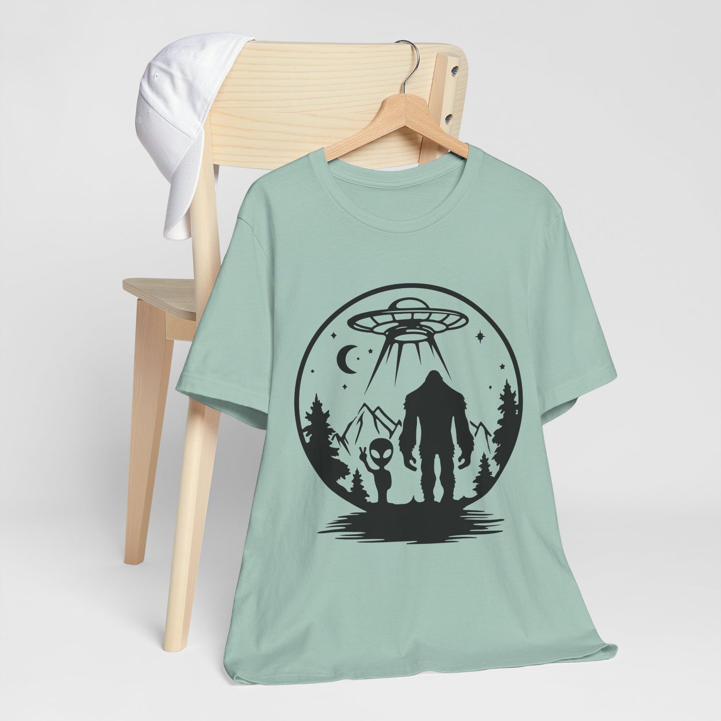 Mystical Bigfoot & Alien Tee - Unisex Jersey Shirt for Adventure Lovers, Nature T-Shirt, Gift for UFO Enthusiasts, Outdoorsy Style
