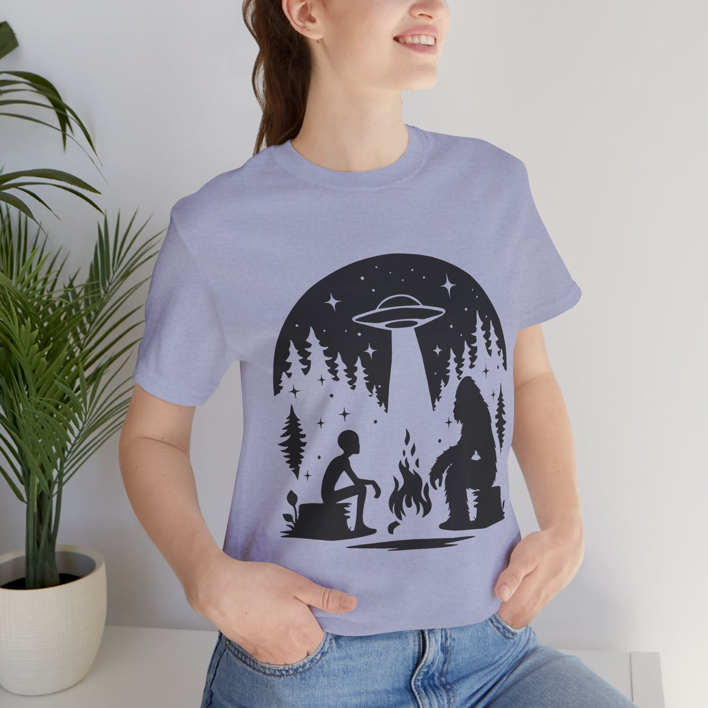 Camping Alien & Bigfoot Unisex Tee, Fun Outdoor Adventure Shirt, Gift for Nature Lovers, Unique Graphic T-Shirt, Summer Camp Outfit