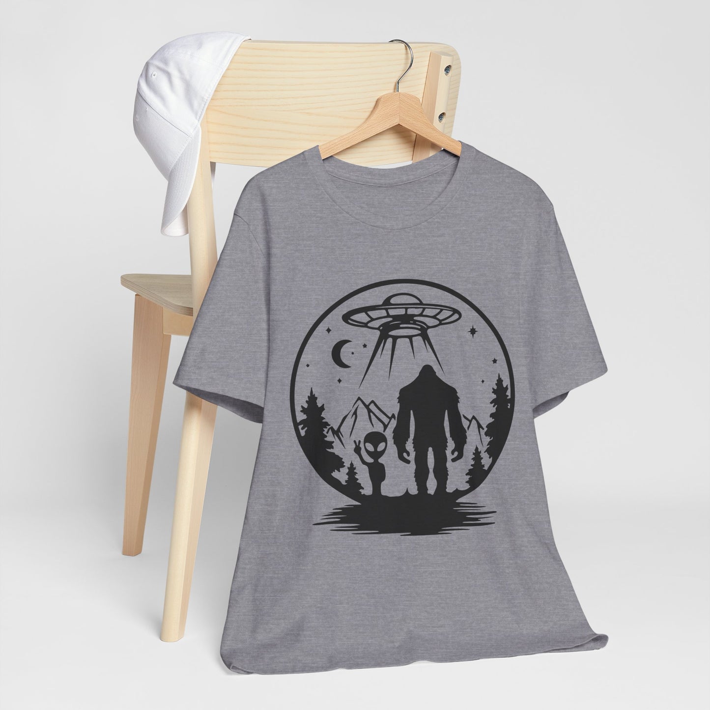 Mystical Bigfoot & Alien Tee - Unisex Jersey Shirt for Adventure Lovers, Nature T-Shirt, Gift for UFO Enthusiasts, Outdoorsy Style