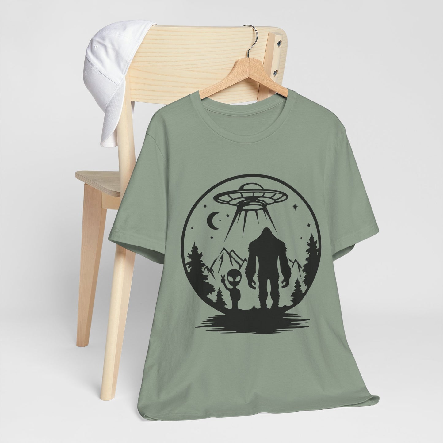 Mystical Bigfoot & Alien Tee - Unisex Jersey Shirt for Adventure Lovers, Nature T-Shirt, Gift for UFO Enthusiasts, Outdoorsy Style