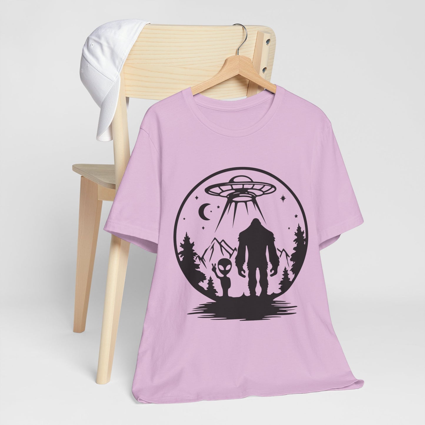 Mystical Bigfoot & Alien Tee - Unisex Jersey Shirt for Adventure Lovers, Nature T-Shirt, Gift for UFO Enthusiasts, Outdoorsy Style
