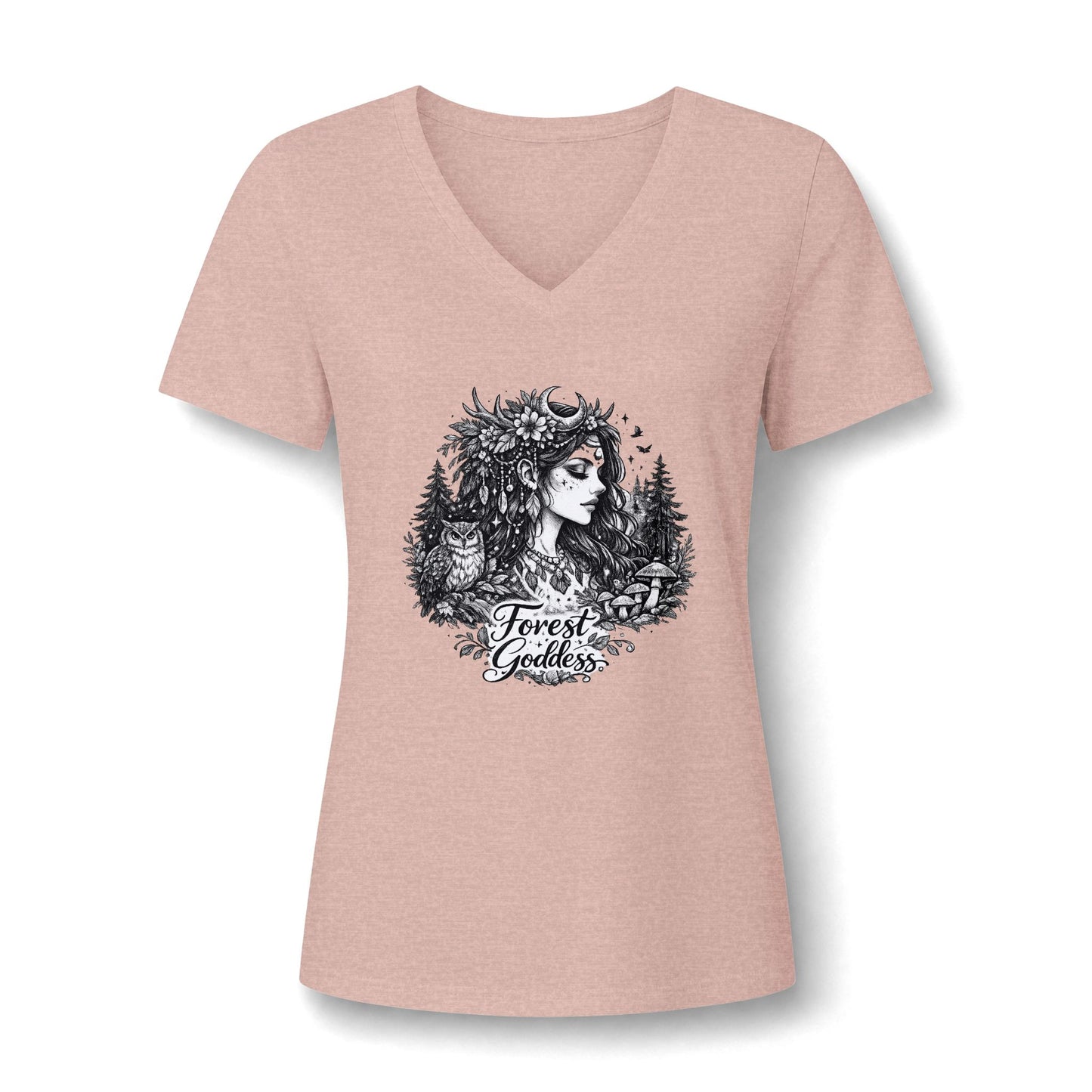 Forest Goddess V-Neck Tee — Women's Nature Spirit Graphic Shirt