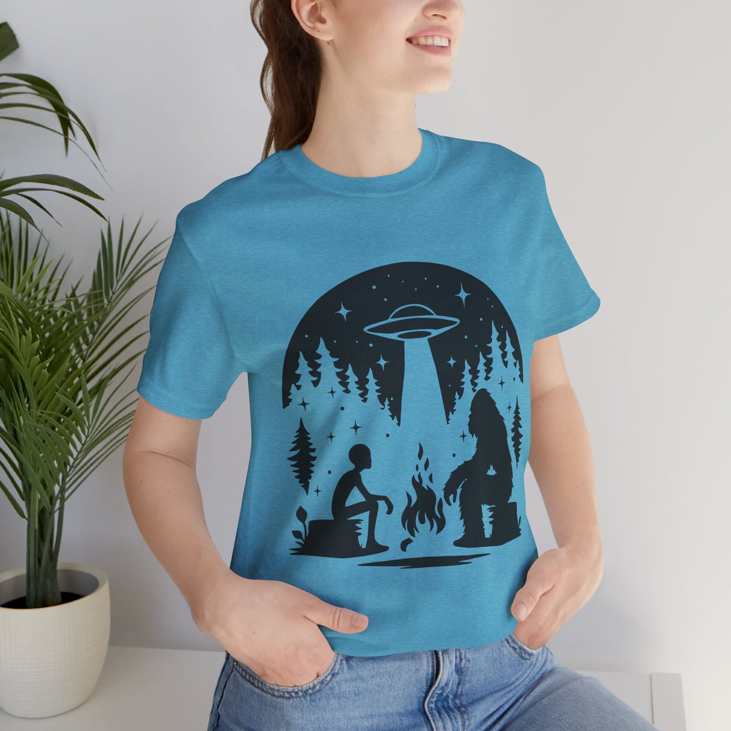 Camping Alien & Bigfoot Unisex Tee, Fun Outdoor Adventure Shirt, Gift for Nature Lovers, Unique Graphic T-Shirt, Summer Camp Outfit