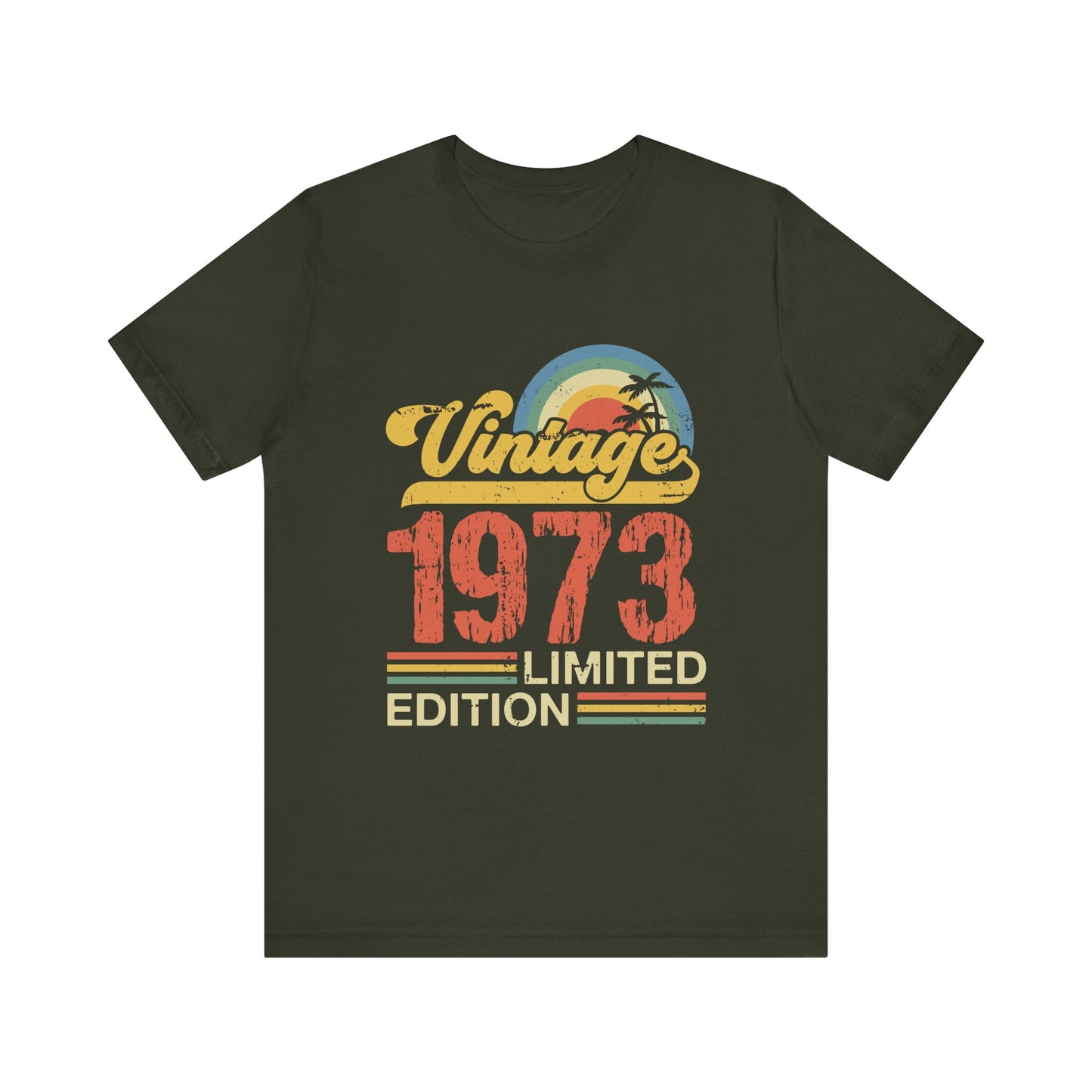 Black t-shirt with 'Vintage 1973 Limited Edition' design on a white background