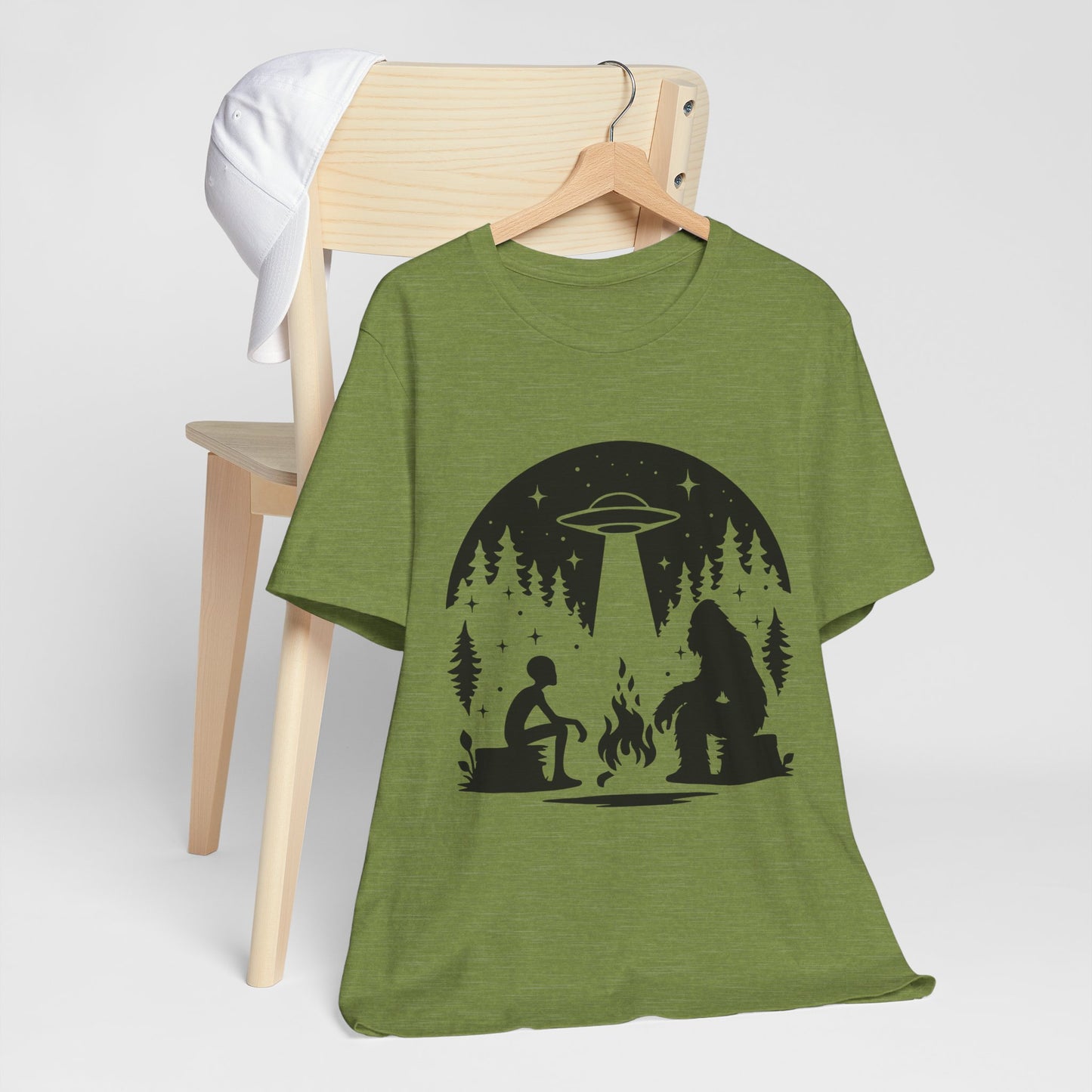 Camping Alien & Bigfoot Unisex Tee, Fun Outdoor Adventure Shirt, Gift for Nature Lovers, Unique Graphic T-Shirt, Summer Camp Outfit