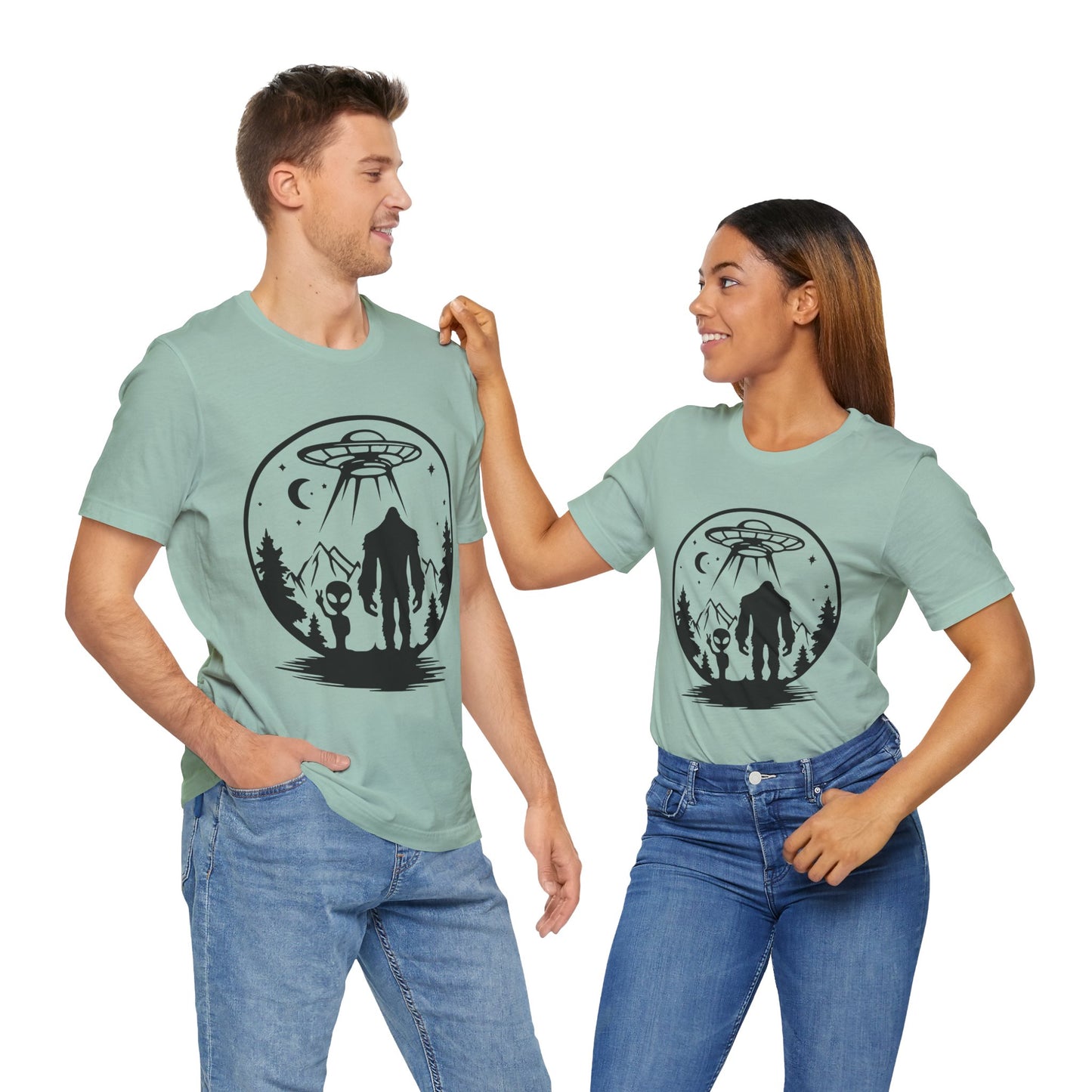 Mystical Bigfoot & Alien Tee - Unisex Jersey Shirt for Adventure Lovers, Nature T-Shirt, Gift for UFO Enthusiasts, Outdoorsy Style