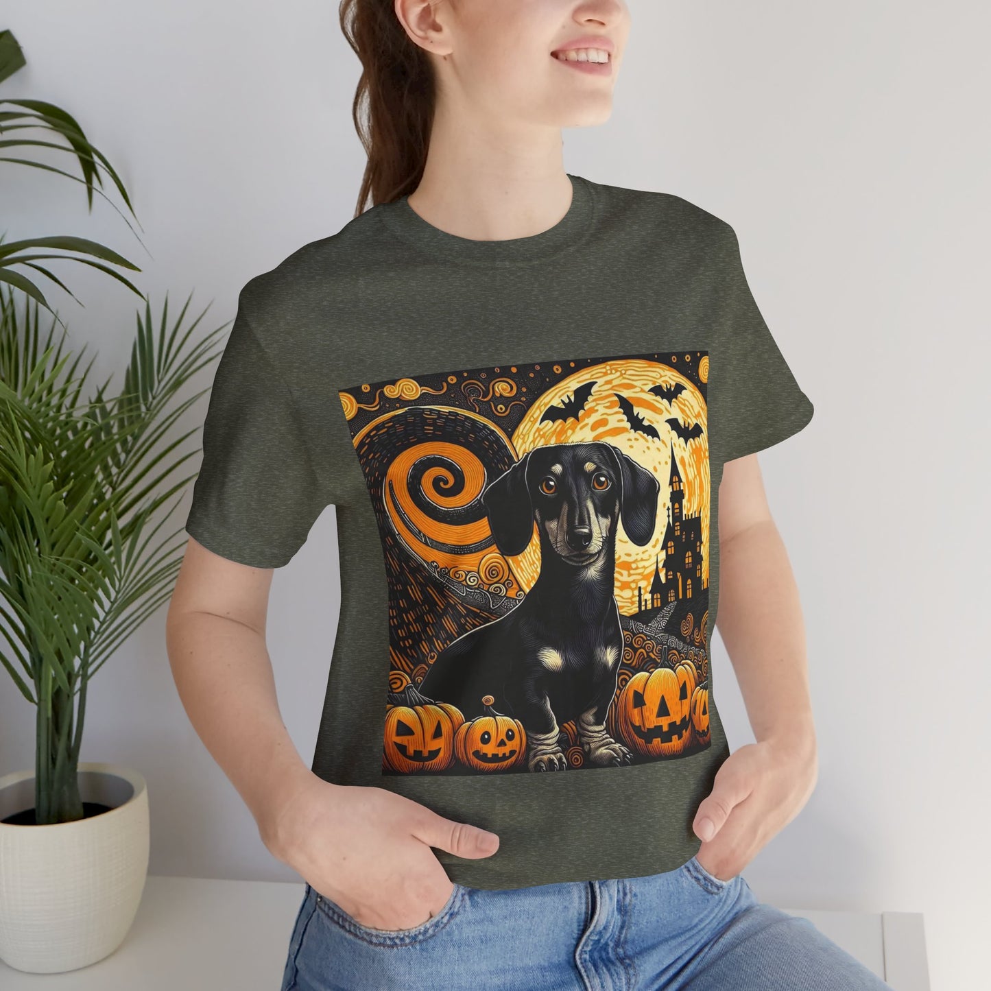 Halloween Dachshund Graphic Tee, Spooky Dog Shirt, Fall T-Shirt, Cute Pet Lover Gift, Unisex Halloween Apparel, Pumpkin Halloween Top