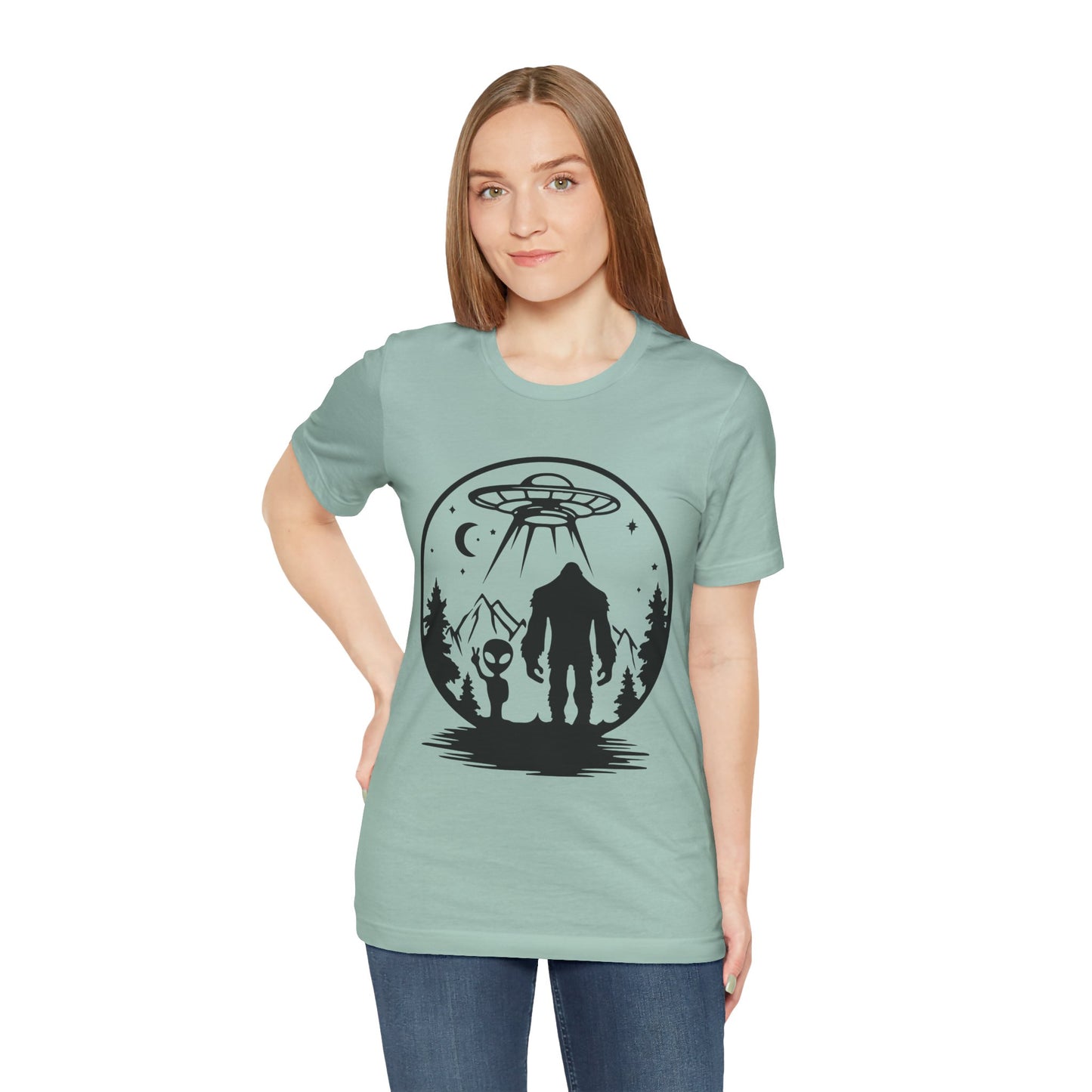 Mystical Bigfoot & Alien Tee - Unisex Jersey Shirt for Adventure Lovers, Nature T-Shirt, Gift for UFO Enthusiasts, Outdoorsy Style