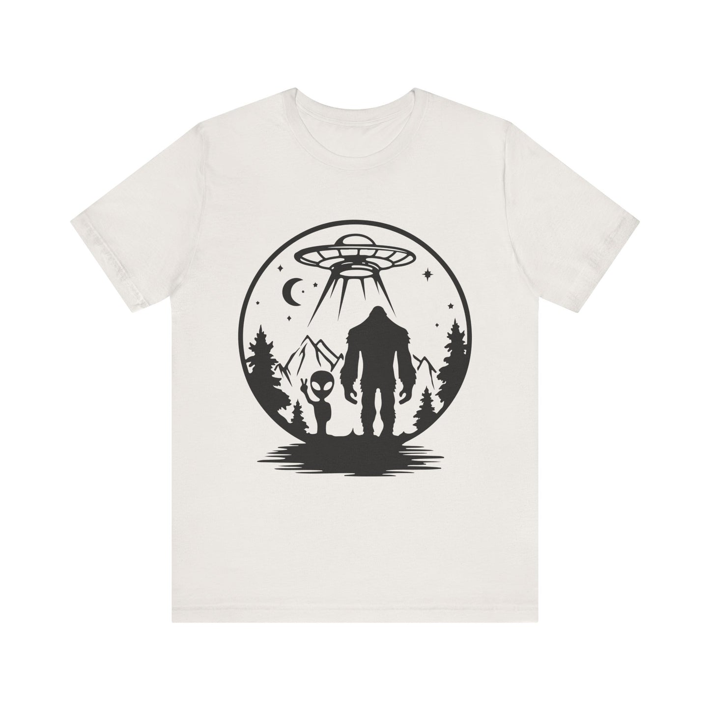 Mystical Bigfoot & Alien Tee - Unisex Jersey Shirt for Adventure Lovers, Nature T-Shirt, Gift for UFO Enthusiasts, Outdoorsy Style