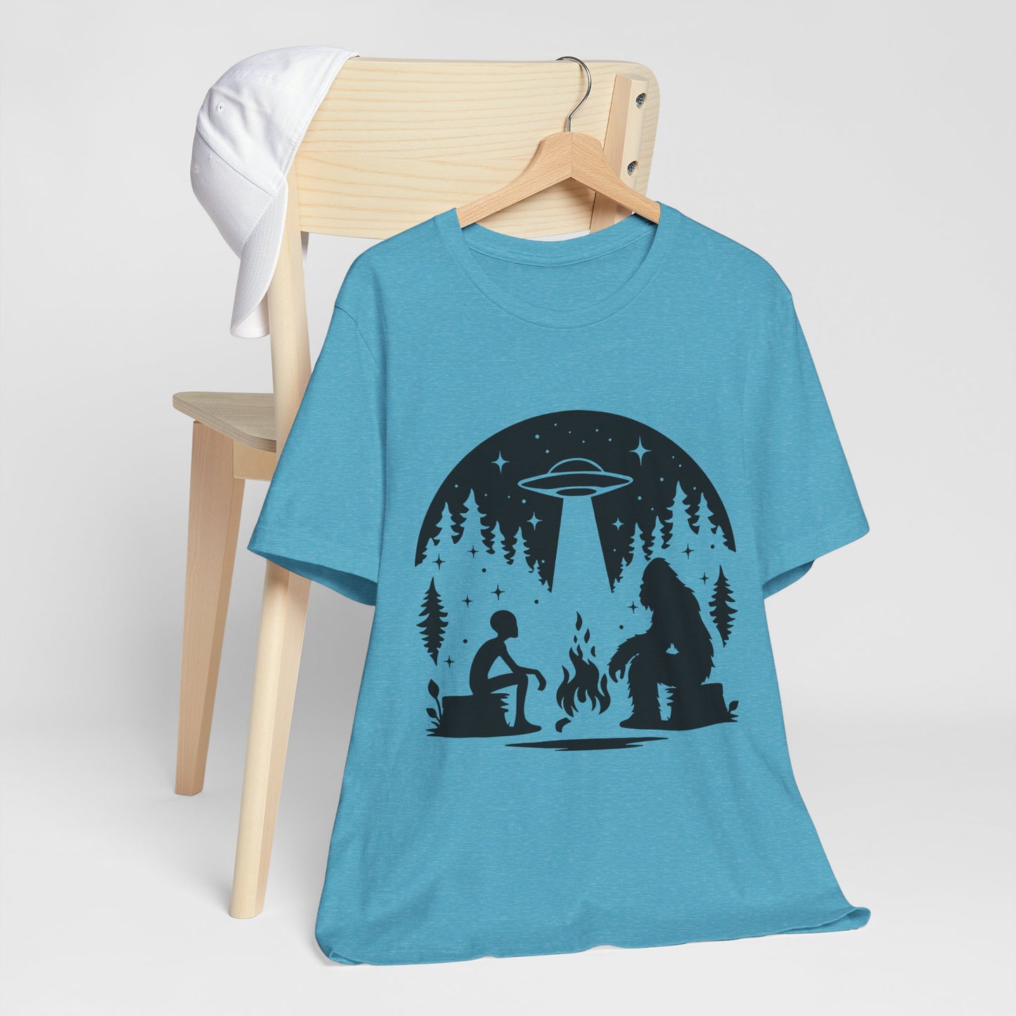 Camping Alien & Bigfoot Unisex Tee, Fun Outdoor Adventure Shirt, Gift for Nature Lovers, Unique Graphic T-Shirt, Summer Camp Outfit