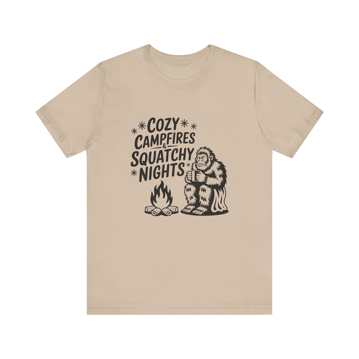 Cozy Campfires Squatchy Nights T-Shirt, Unisex Tee for Campers, Outdoor Adventures, Gifts for Nature Lovers, Summer BBQs, Funny Camping Tee