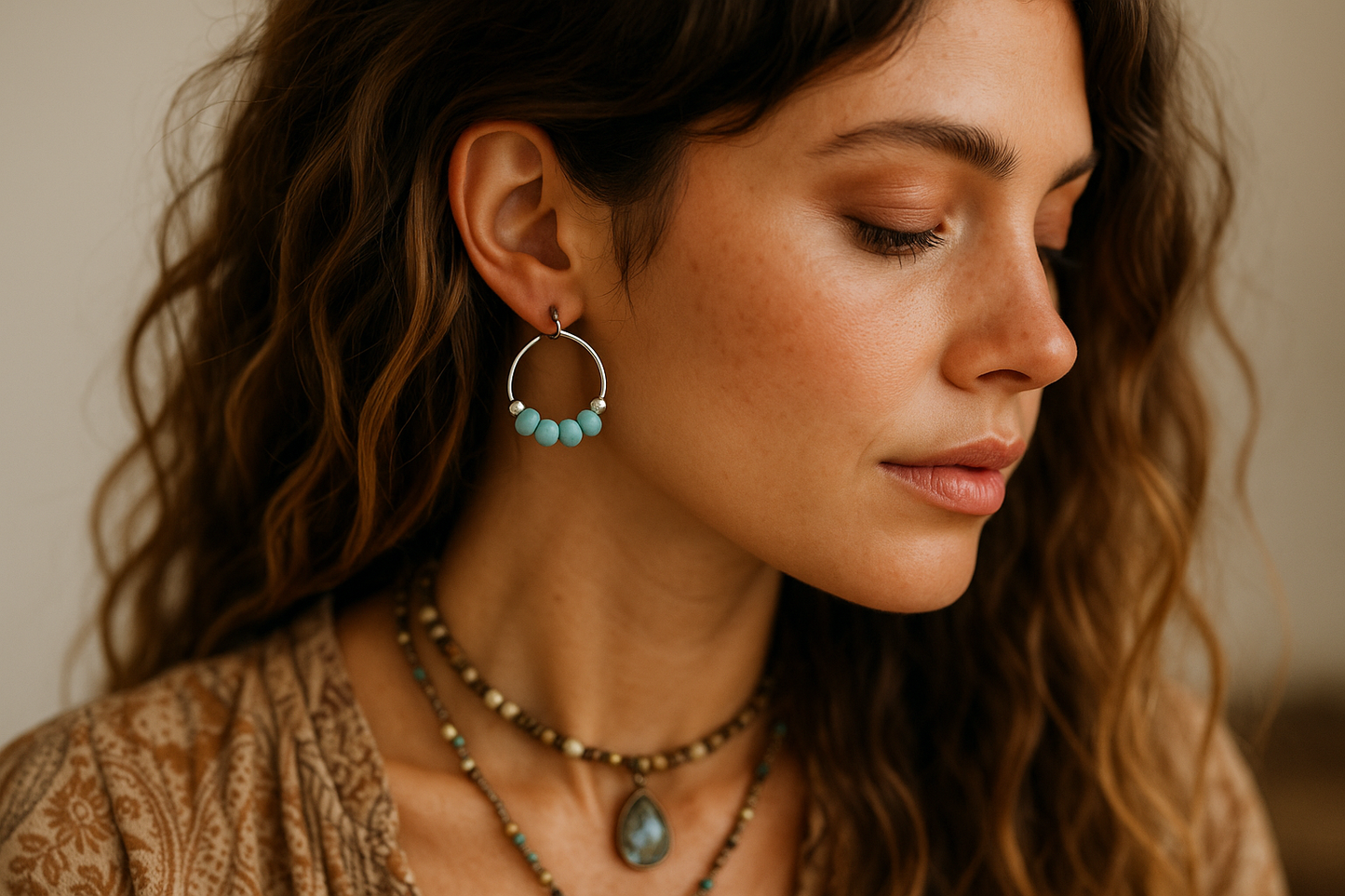 Bohemian model wearing 1-inch Amazonite hoop earrings