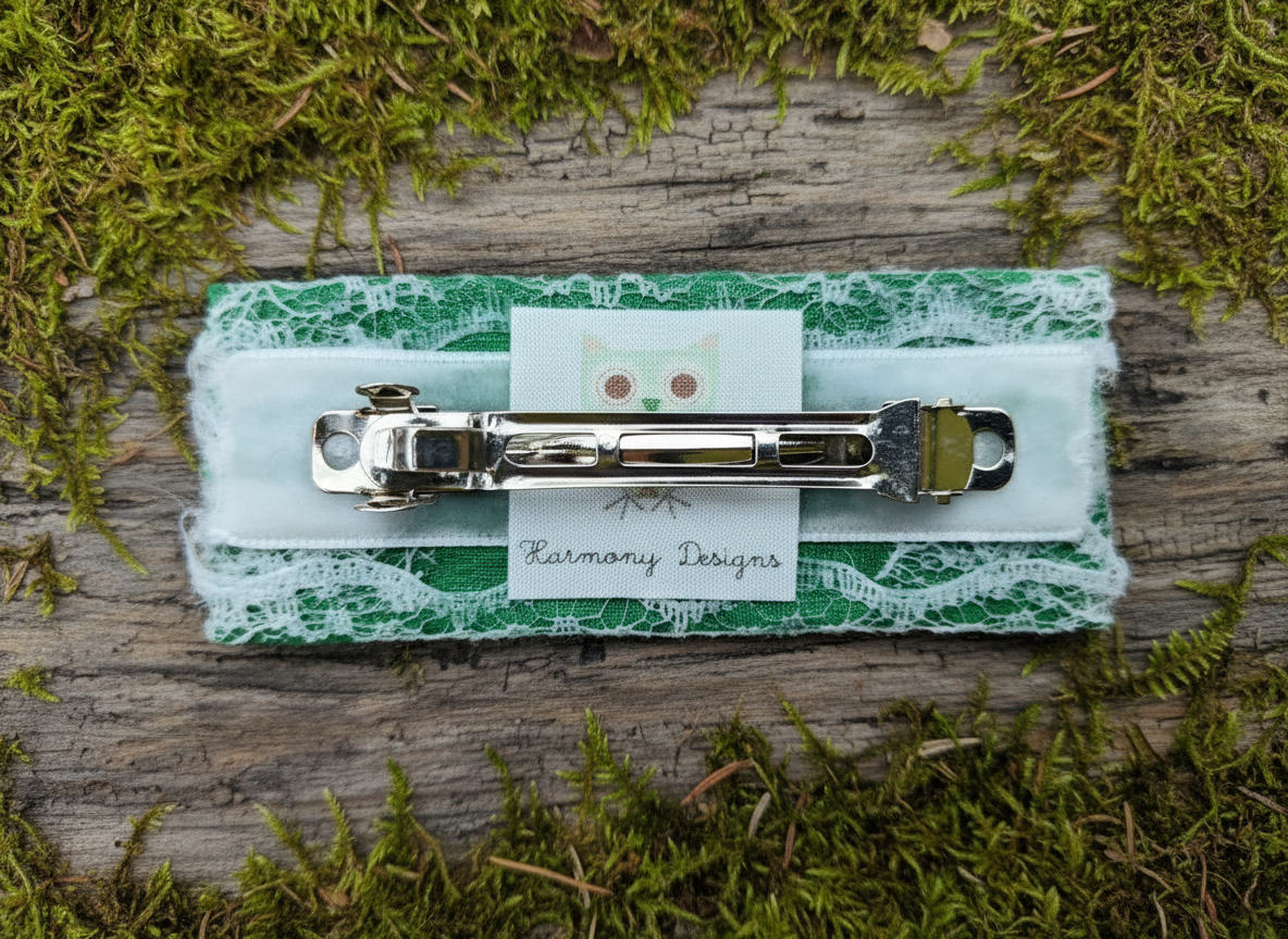 Green Lace French Hair Clip, Fabric Clip, 3.25 Inch, Rectangle