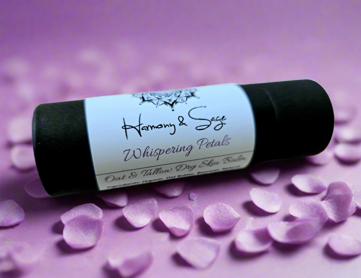 Black and white skin balm stick with 'Harmony & Sage' branding on a light wooden surface.