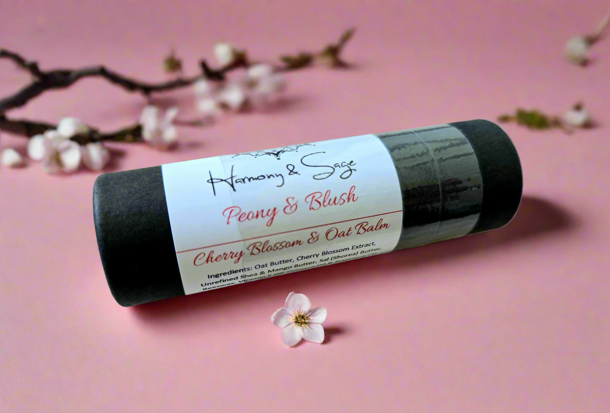 Balm stick with a label on a wooden surface